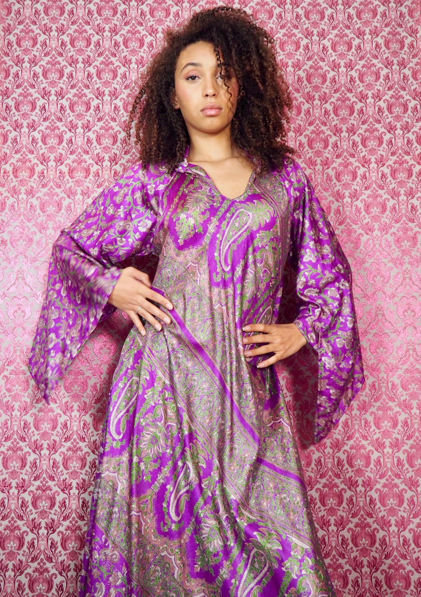 The Diamond Bias-Cut Maxi Dress – Up-cycled Vintage Sari Sustainable Dress with angel Sleeves + Matching Scrunchy & Bag