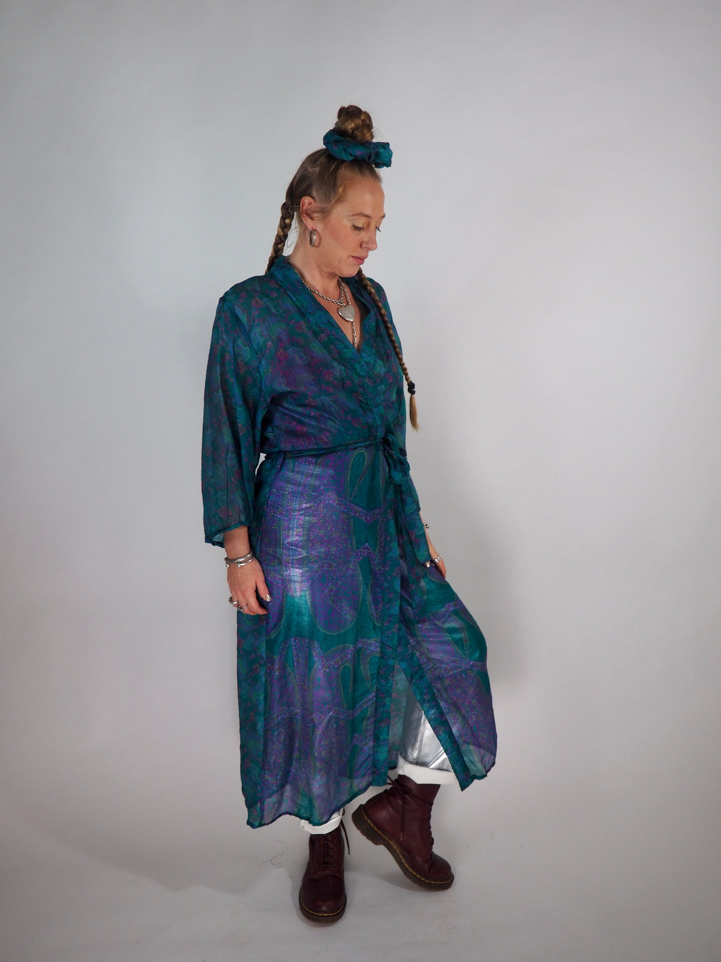 The Kardash Long Kimono – Up-cycled Vintage Sari long Kimono Robe with Waist Tie + Matching Scrunchy & Storage Bag