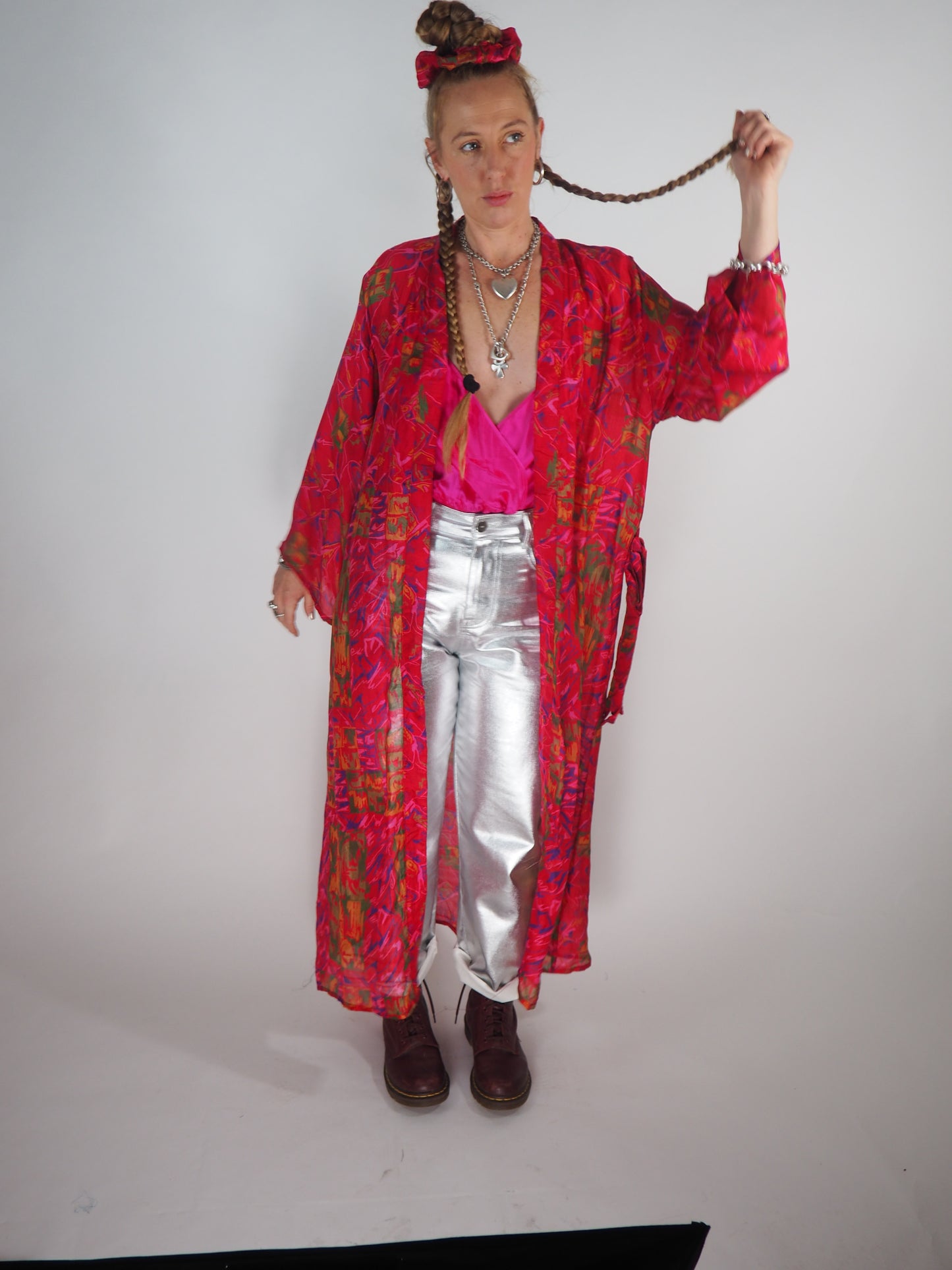 The Kardash Long Kimono – Up-cycled Vintage Sari long Kimono Robe with Waist Tie + Matching Scrunchy & Storage Bag