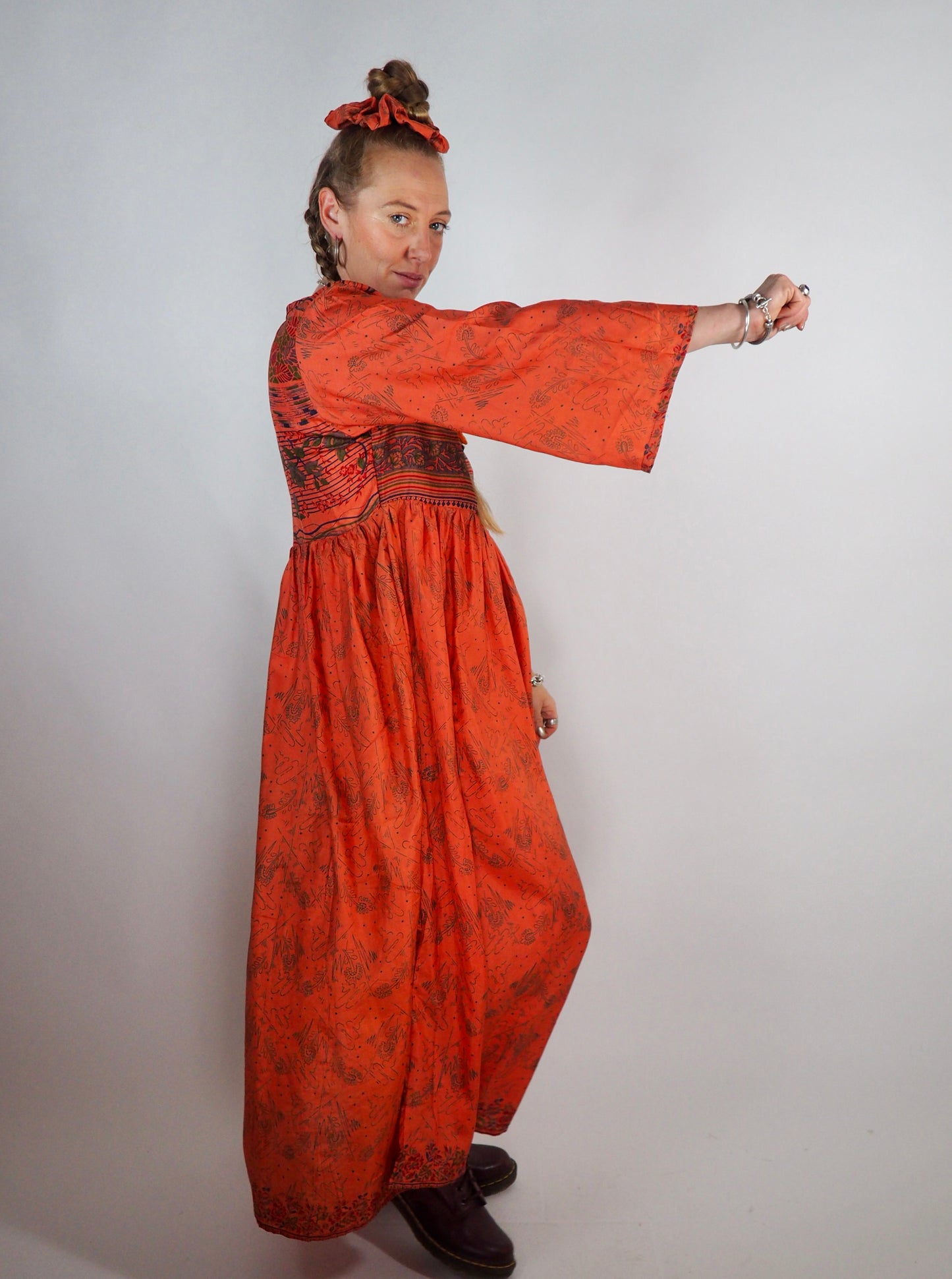 The Vadella Up-cycled Vintage Re-cycled Sari Maxi Dress – Sustainable Boho Dress with Tie Neck Detail + Matching Scrunchy & Bag