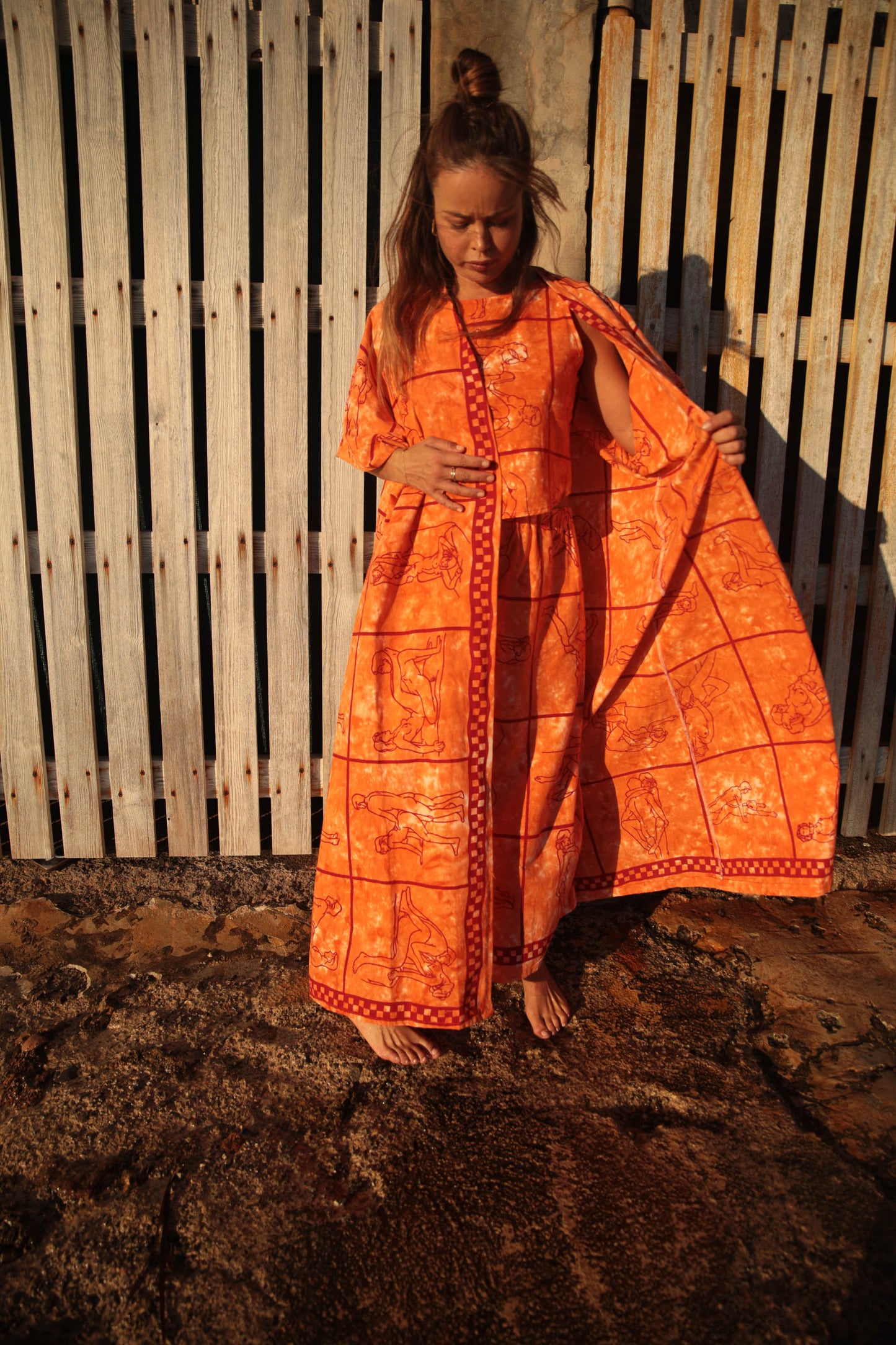 Up-cycled vintage cotton 3 piece set top and pants and mid length kimono cover up with printed karma sutra design in bright orange