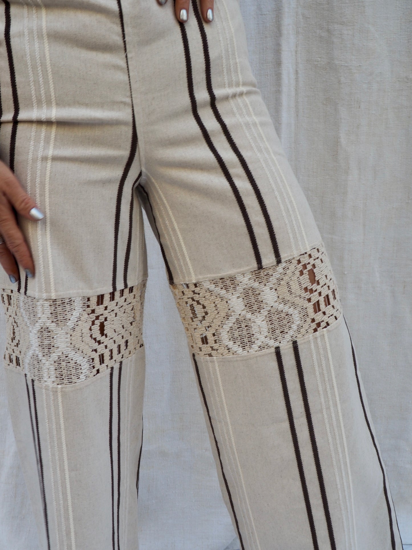 Up-cycled Vintage Linen & Crochet Patchwork Pants – Handmade by Vagabond Ibiza