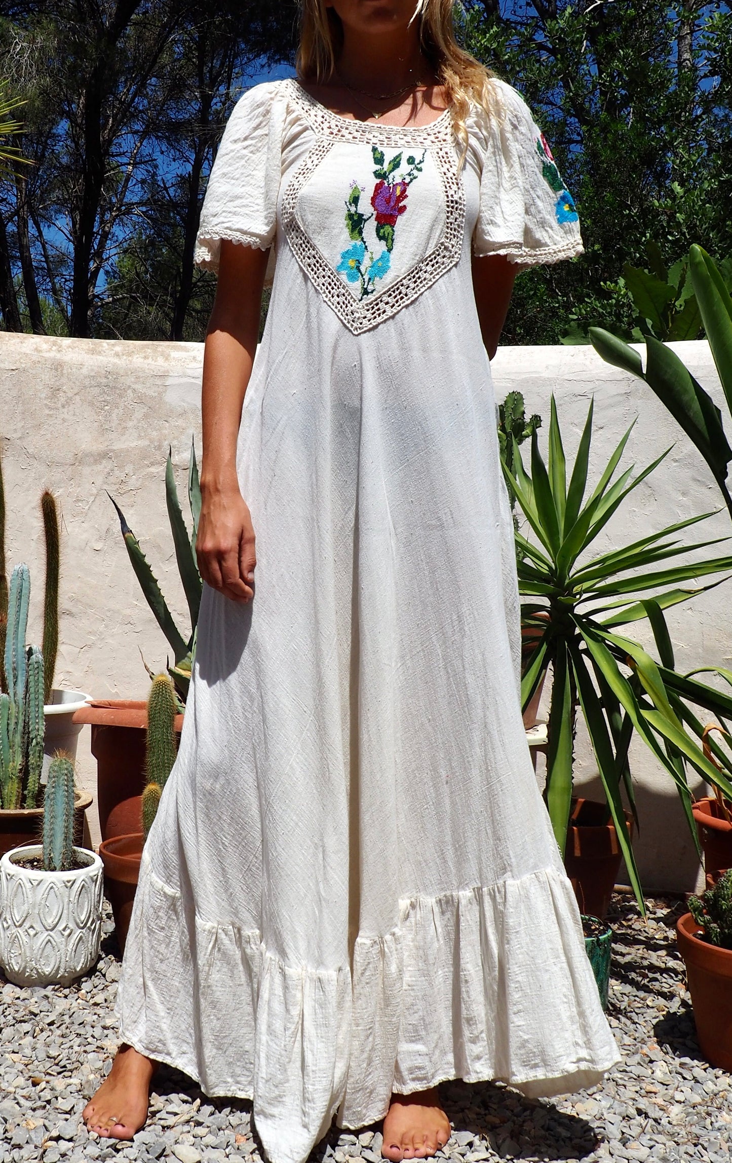 Original vintage 1970’s super fine cotton bohemian maxi dress with hand embroidered and cut out crochet details