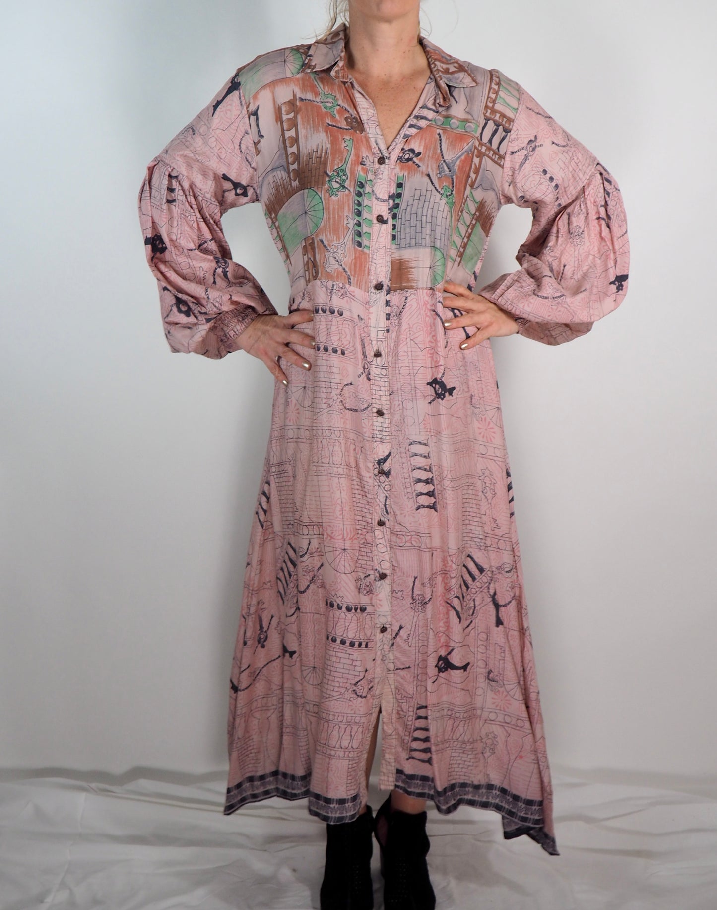 The Lenya Up-cycled Vintage Sari Dress – Sustainable Boho Dress with Oversized Sleeves Matching Scrunchy & Storage Bag