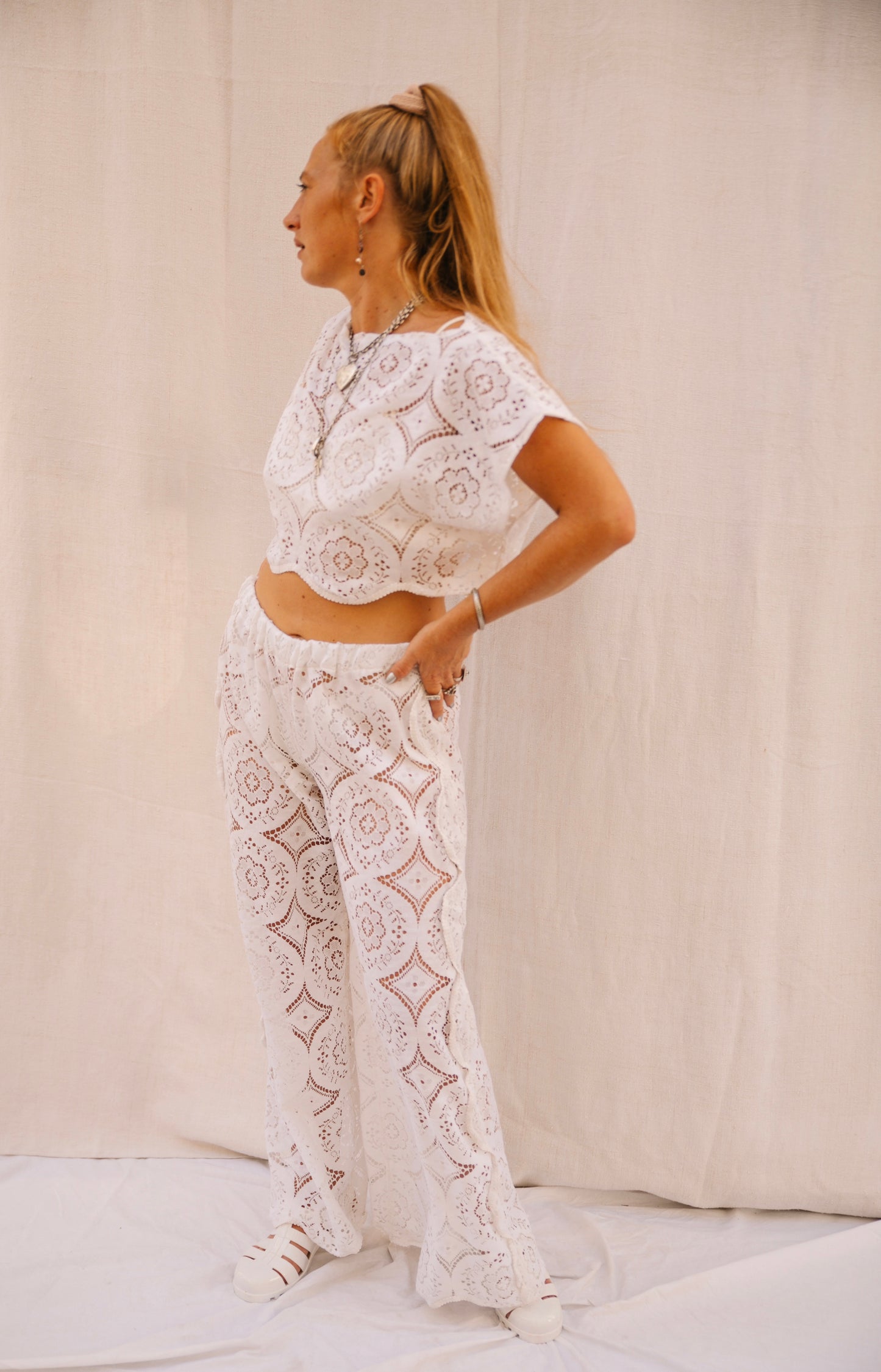 Up-cycled Vintage white Lace Trousers with Side Detailing – Handmade by Vagabond Ibiza