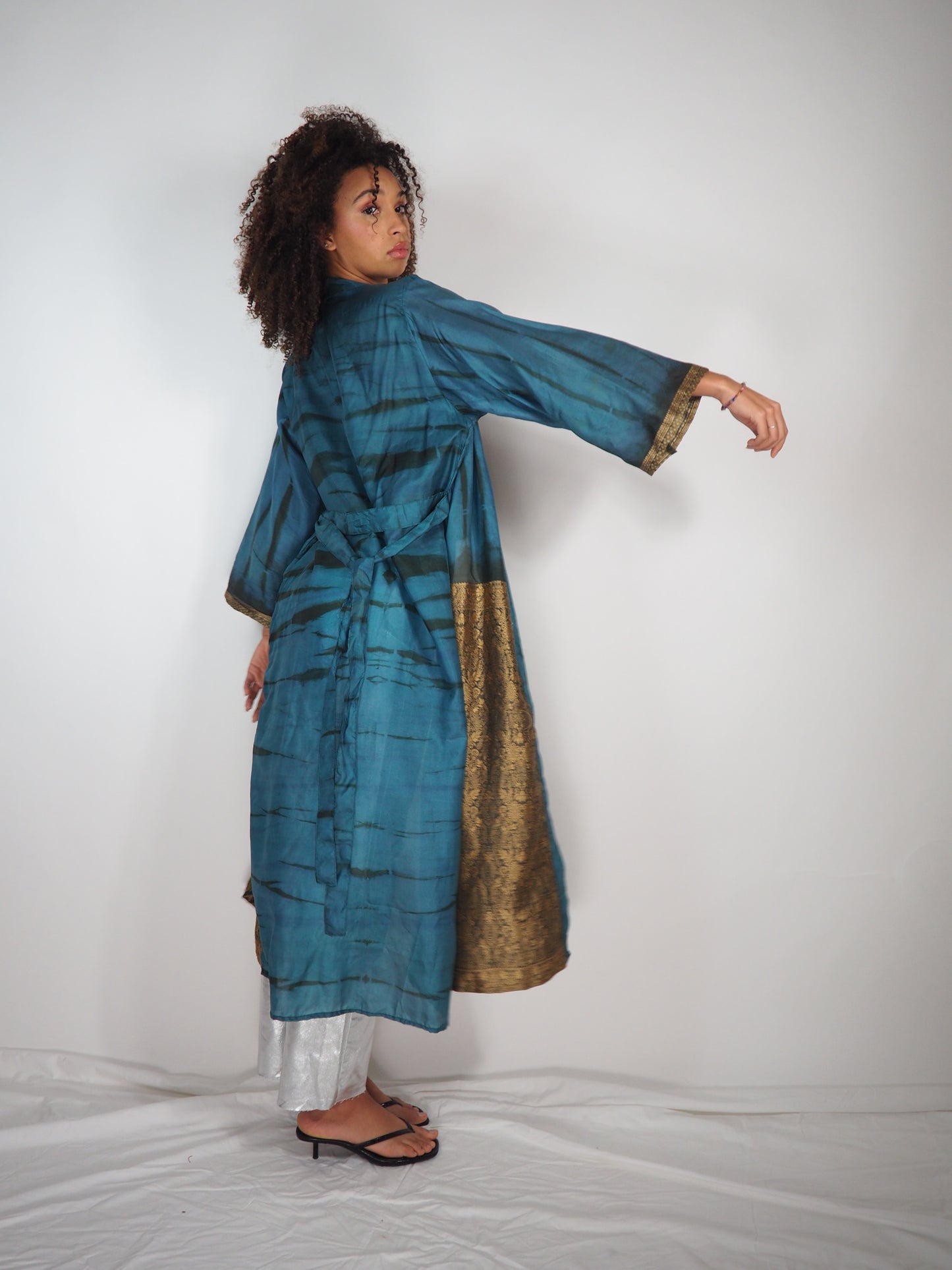 The Kardash Long Kimono – Up-cycled Vintage Sari long Kimono Robe with Waist Tie + Matching Scrunchy & Storage Bag