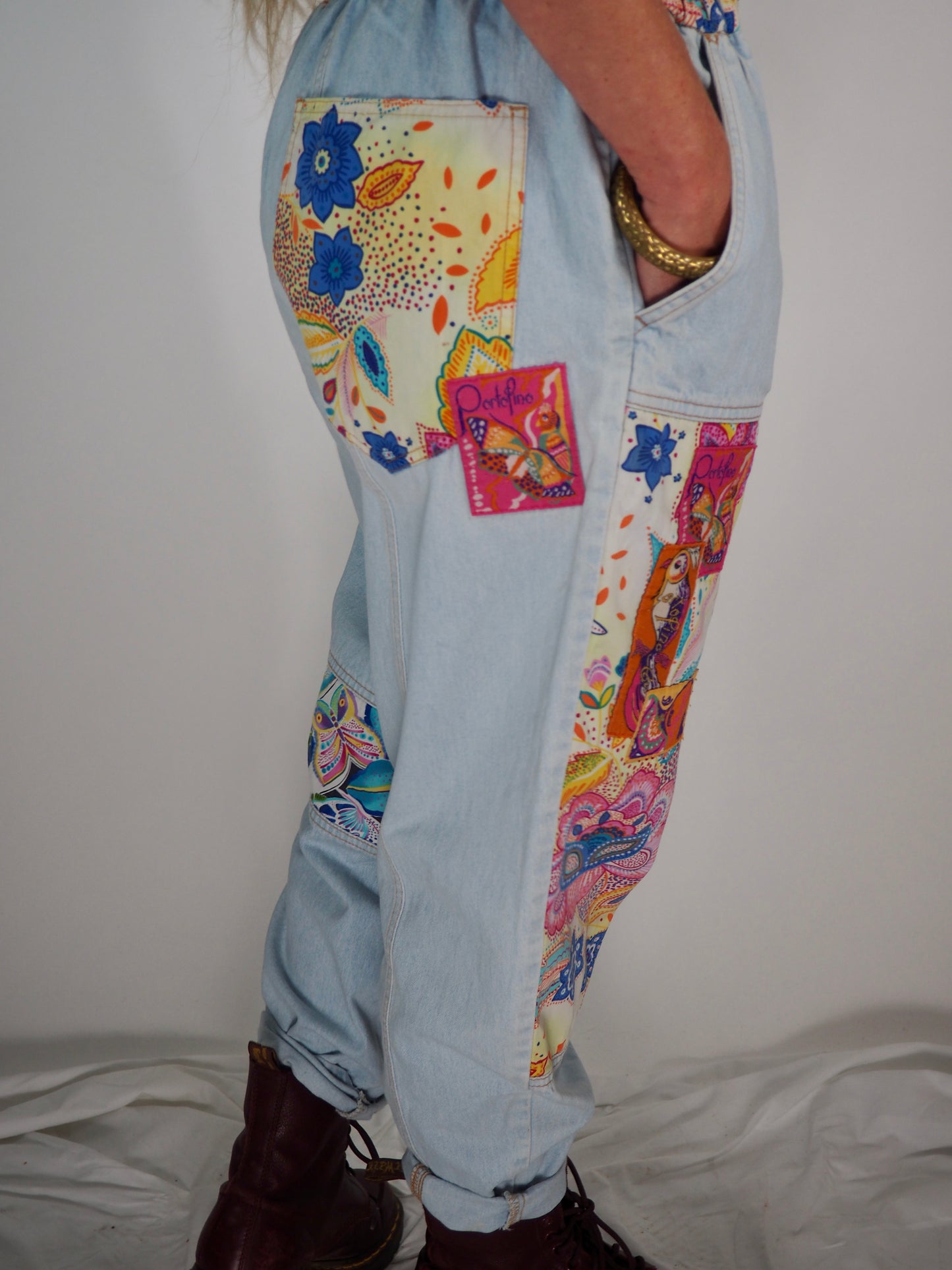 Vintage 1980s Denim Patchwork Pants a bold and playful statement piece