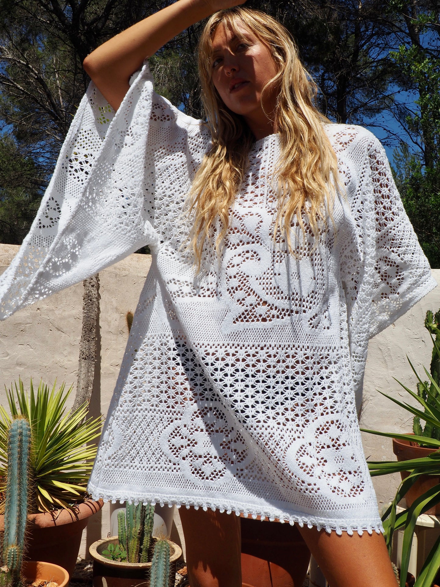 White vintage crochet bell sleeve shirt dress up-cycled by Vagabond Ibiza made in our atelier in Ibiza