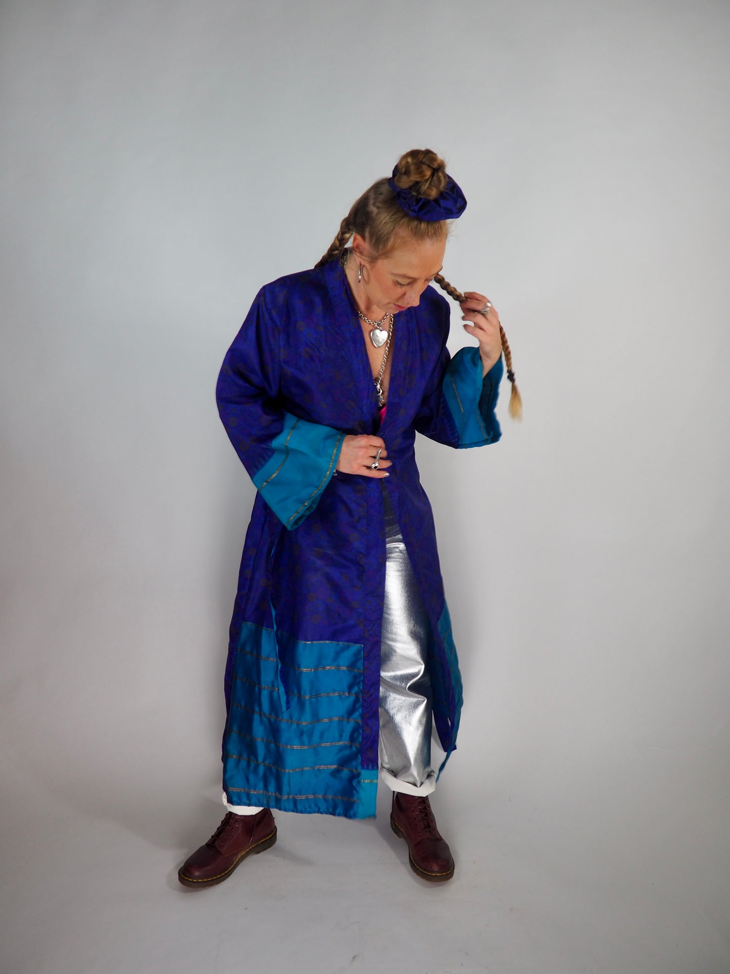 The Kardash Long Kimono – Up-cycled Vintage Sari long Kimono Robe with Waist Tie + Matching Scrunchy & Storage Bag