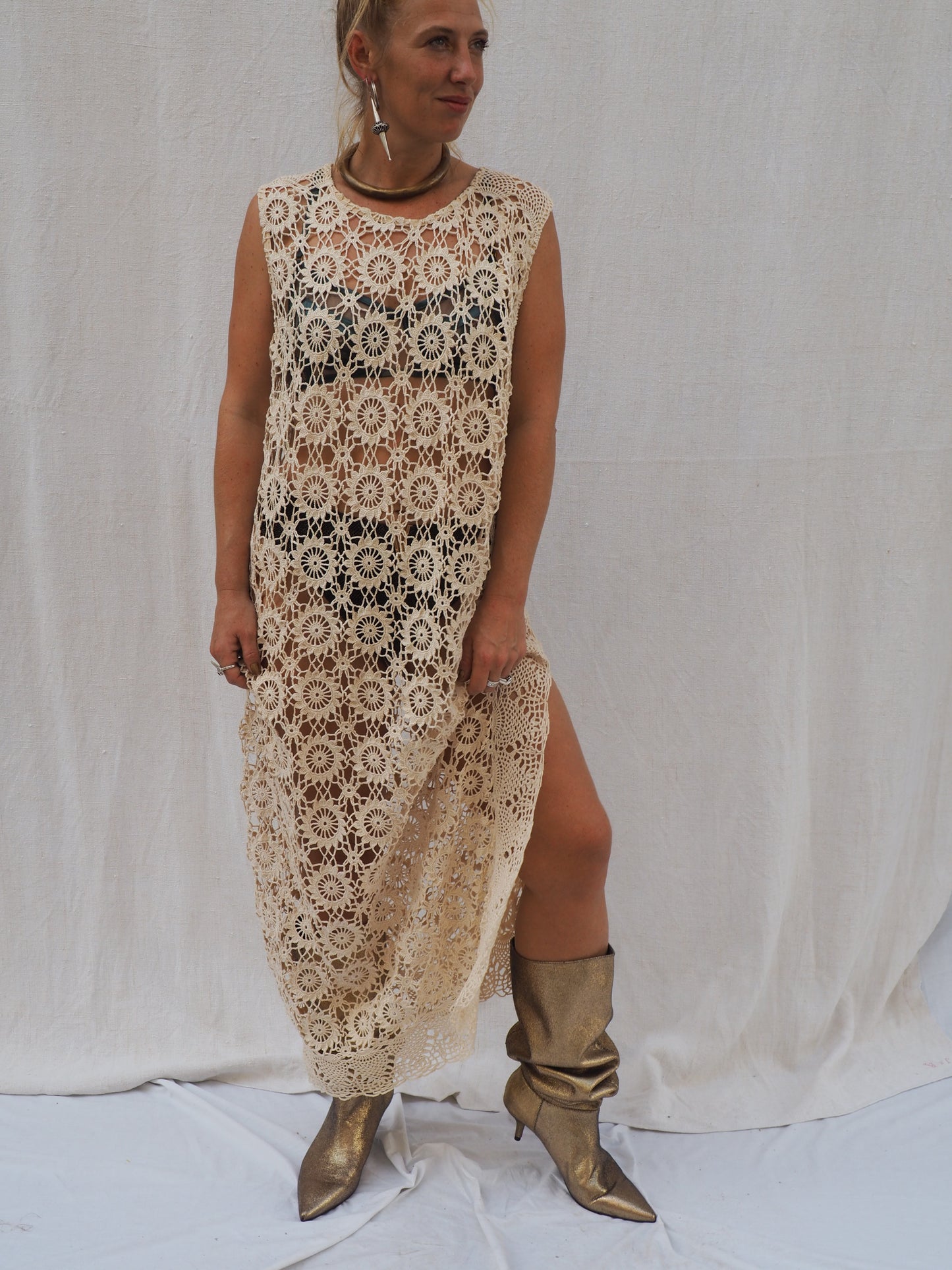 Creamy gold vintage crochet up-cycle long beach cover up with side split Ibiza party dress made by Vagabond Ibiza