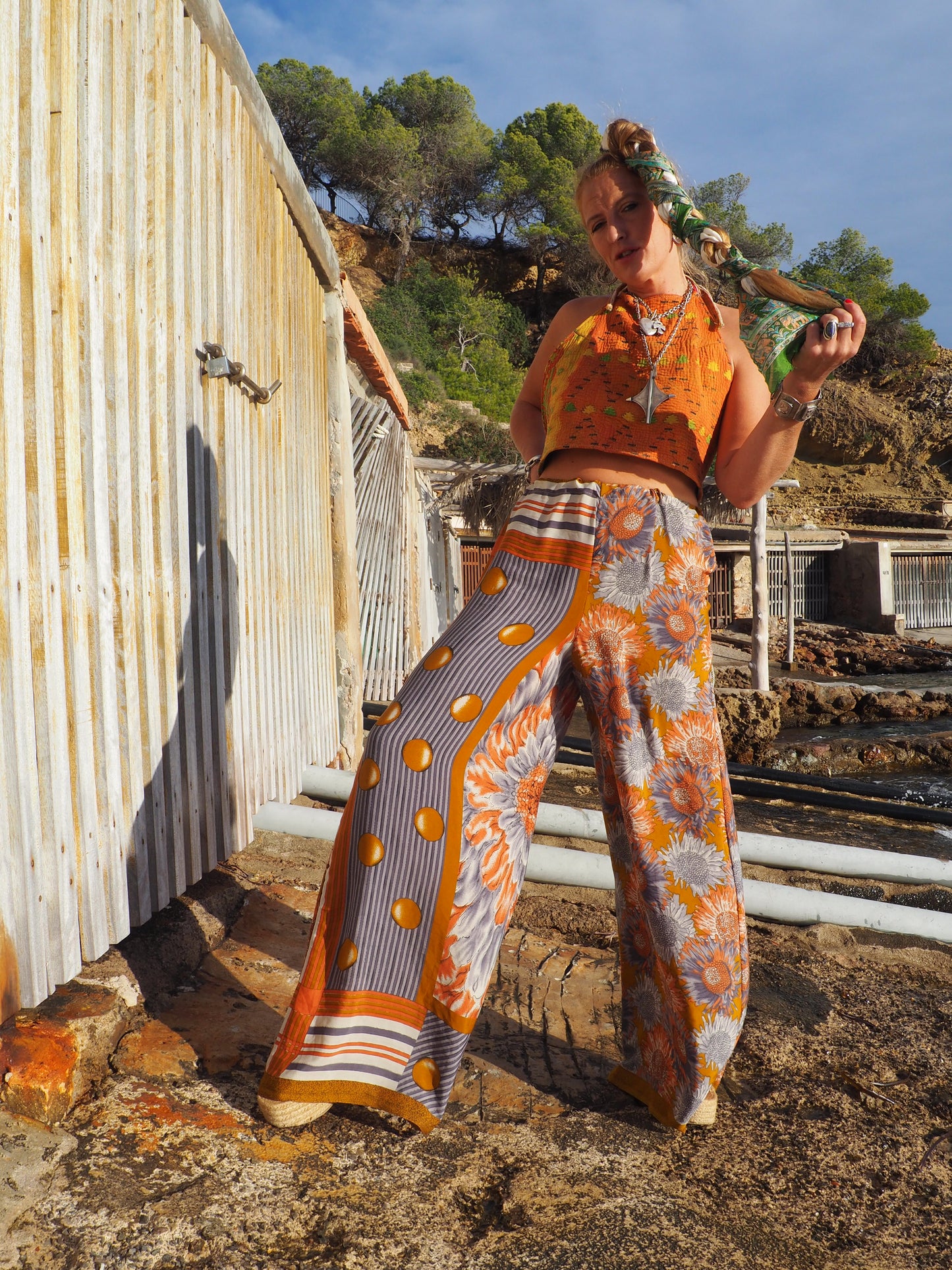 Wide leg pants with elastic waste made by vagabond Ibiza from vintage fabric off cuts