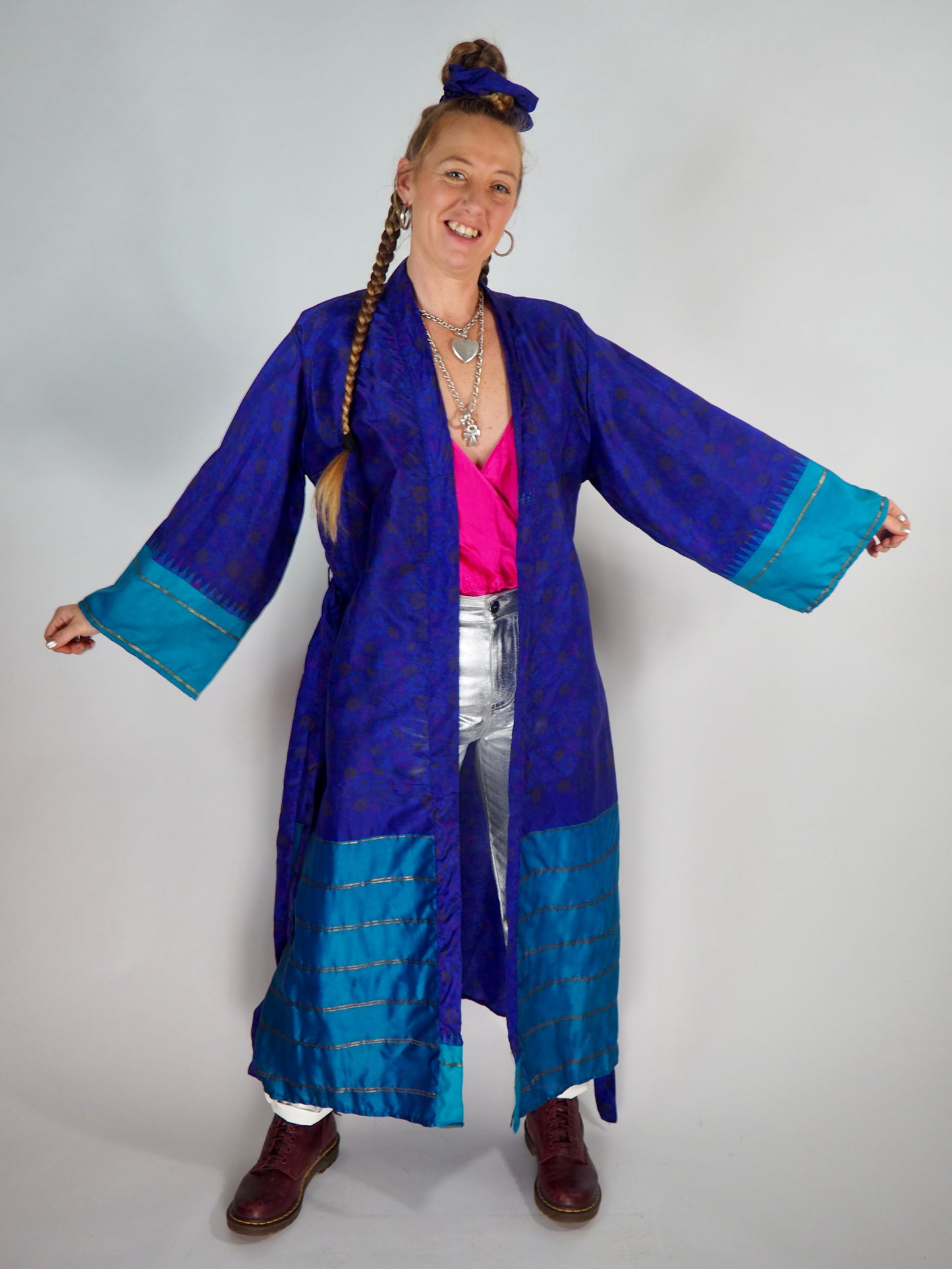 The Kardash Long Kimono – Up-cycled Vintage Sari long Kimono Robe with Waist Tie + Matching Scrunchy & Storage Bag