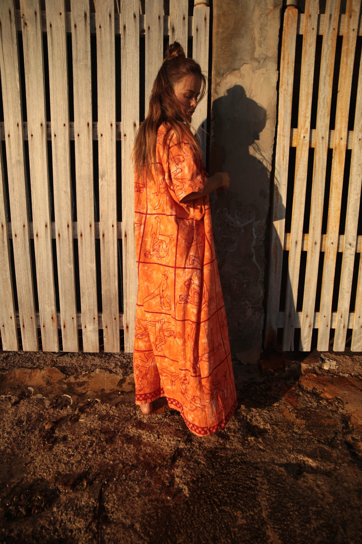 Up-cycled vintage cotton 3 piece set top and pants and mid length kimono cover up with printed karma sutra design in bright orange