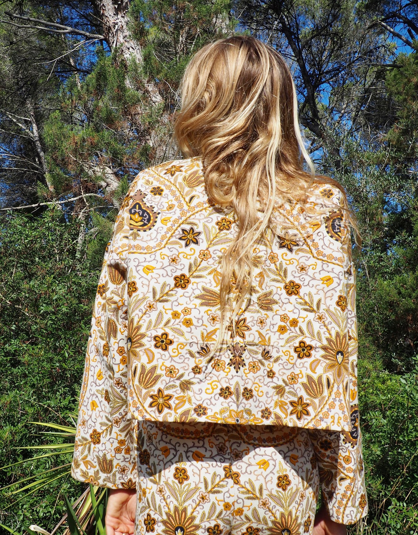 Up-cycled heavy cotton cropped jacket with Cream yellow and black floral printed design the textile is from france very nice quality by Vagabond Ibiza