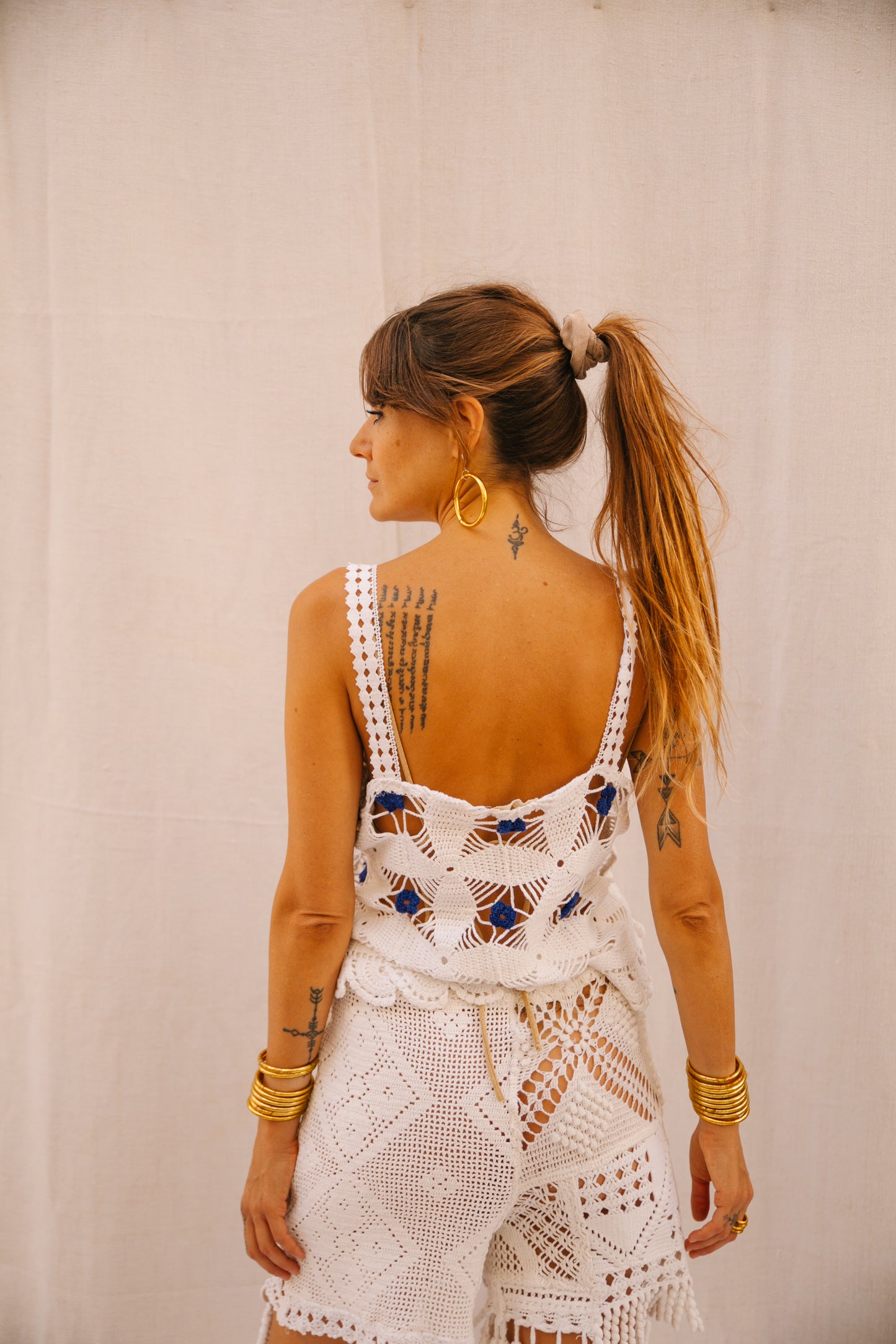 Up-cycled Crochet Top with Blue Flower Details – Handmade by Vagabond Ibiza