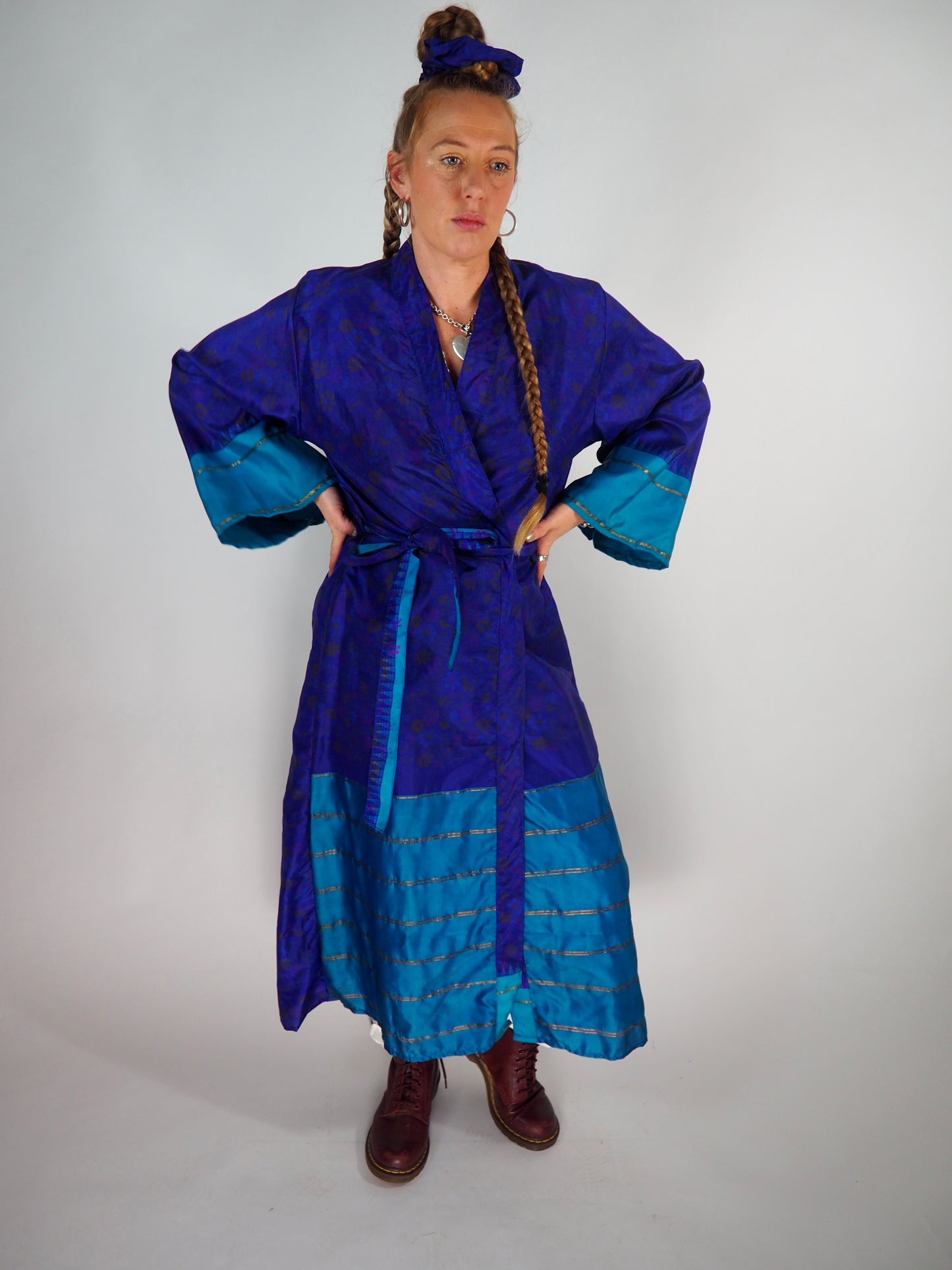 The Kardash Long Kimono – Up-cycled Vintage Sari long Kimono Robe with Waist Tie + Matching Scrunchy & Storage Bag