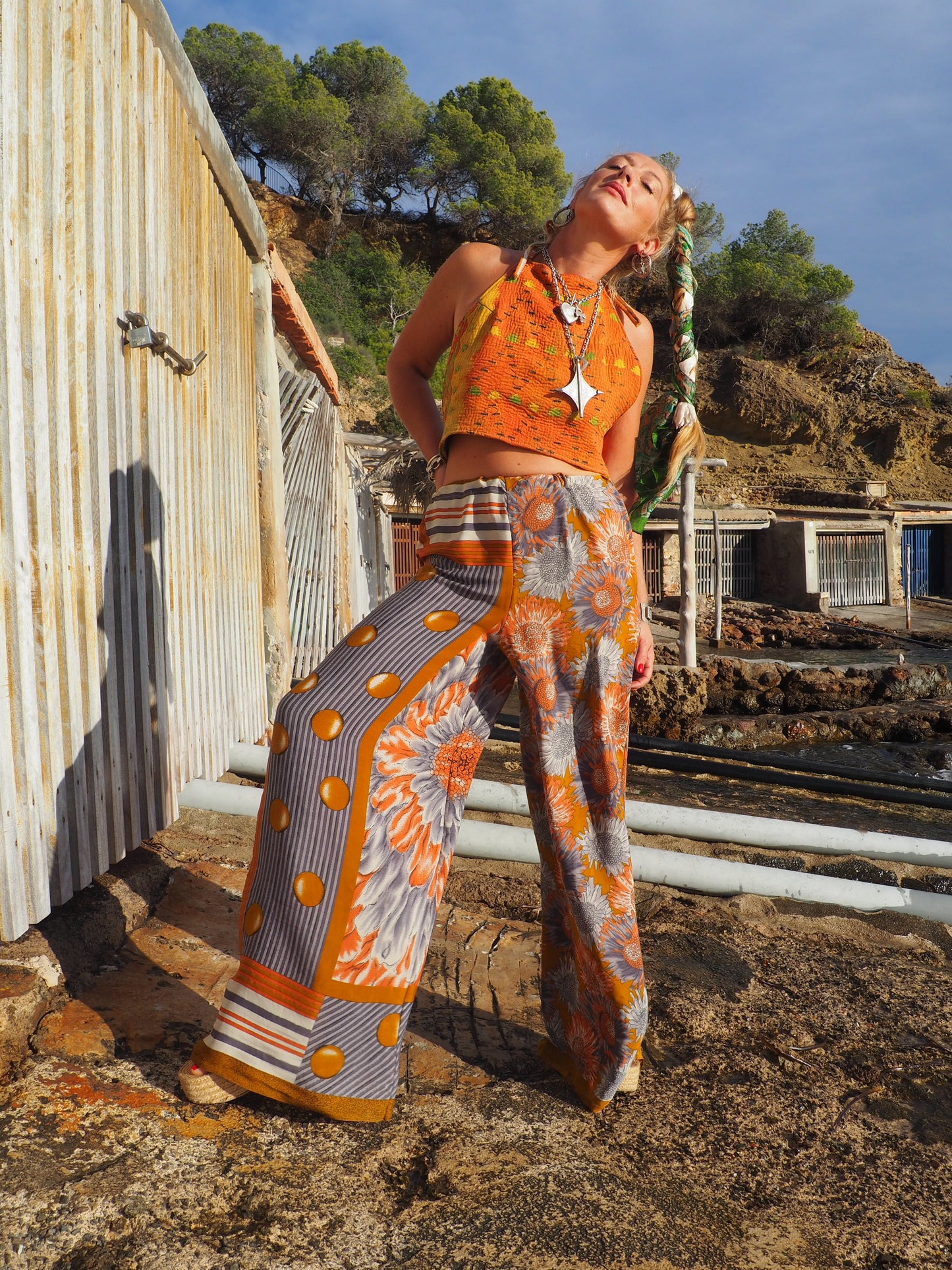 Wide leg pants with elastic waste made by vagabond Ibiza from vintage fabric off cuts