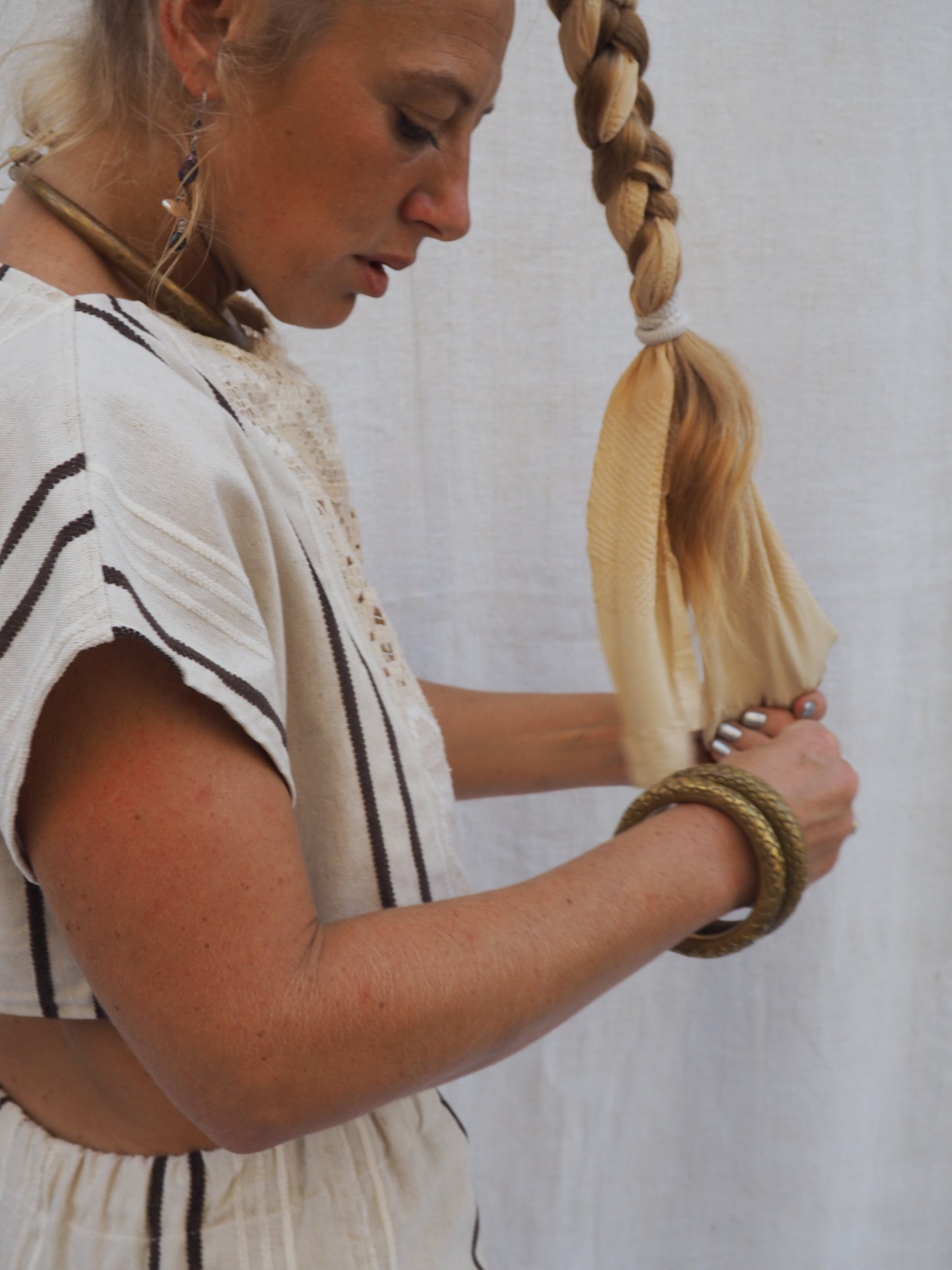 Up-cycled Vintage Linen Cropped T-Shirt with Lace Paneling & Capped Sleeves – Handmade by Vagabond Ibiza