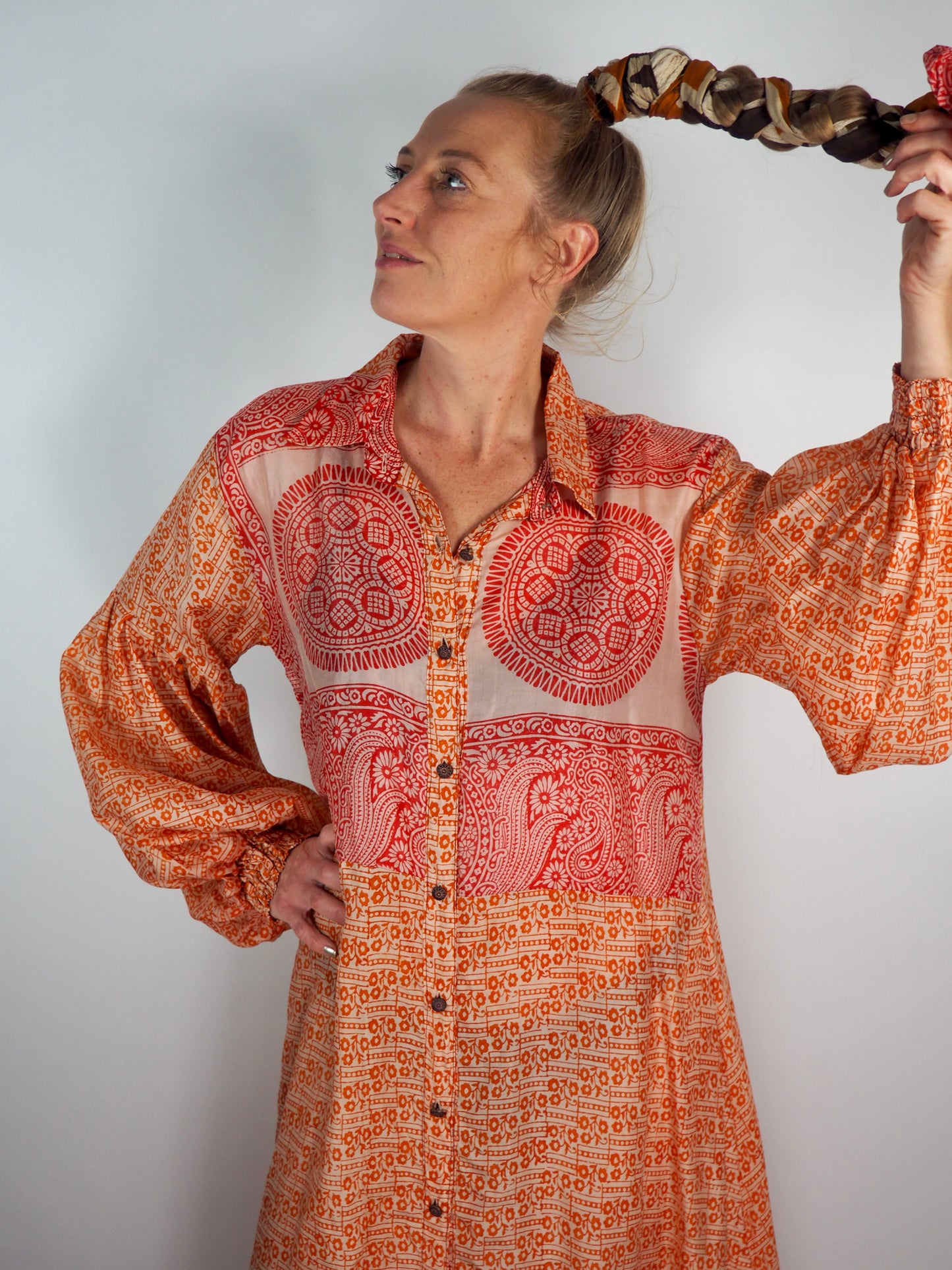 The Lenya Up-cycled Vintage Sari Dress – Sustainable Boho Dress with Oversized Sleeves Matching Scrunchy & Storage Bag