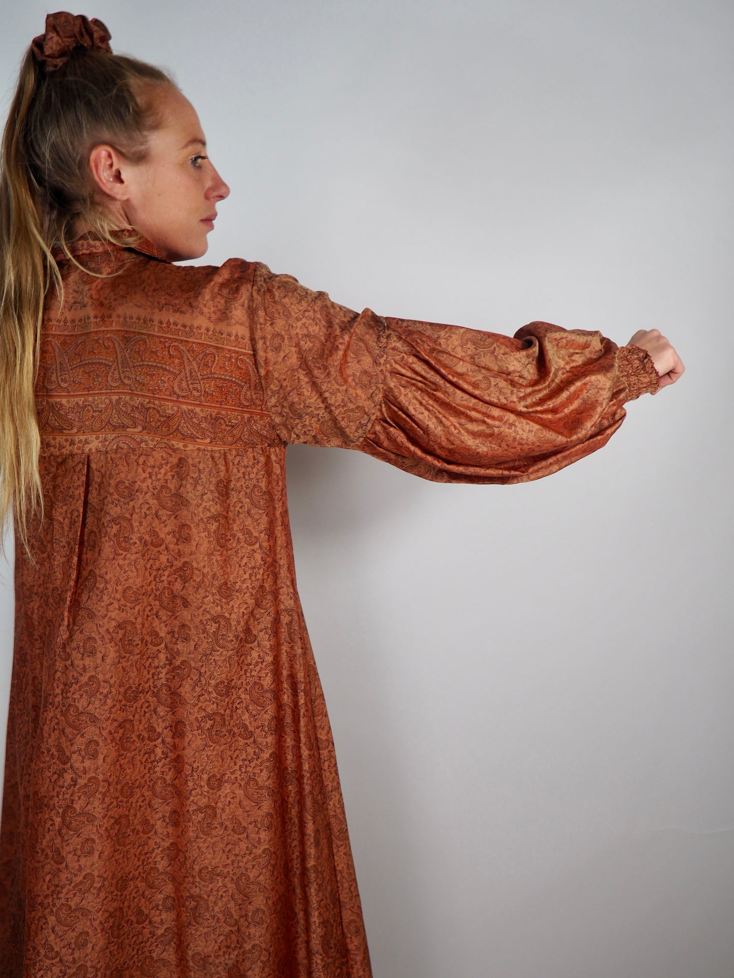 The Lenya Up-cycled Vintage Sari Dress – Sustainable Boho Dress with Oversized Sleeves Matching Scrunchy & Storage Bag