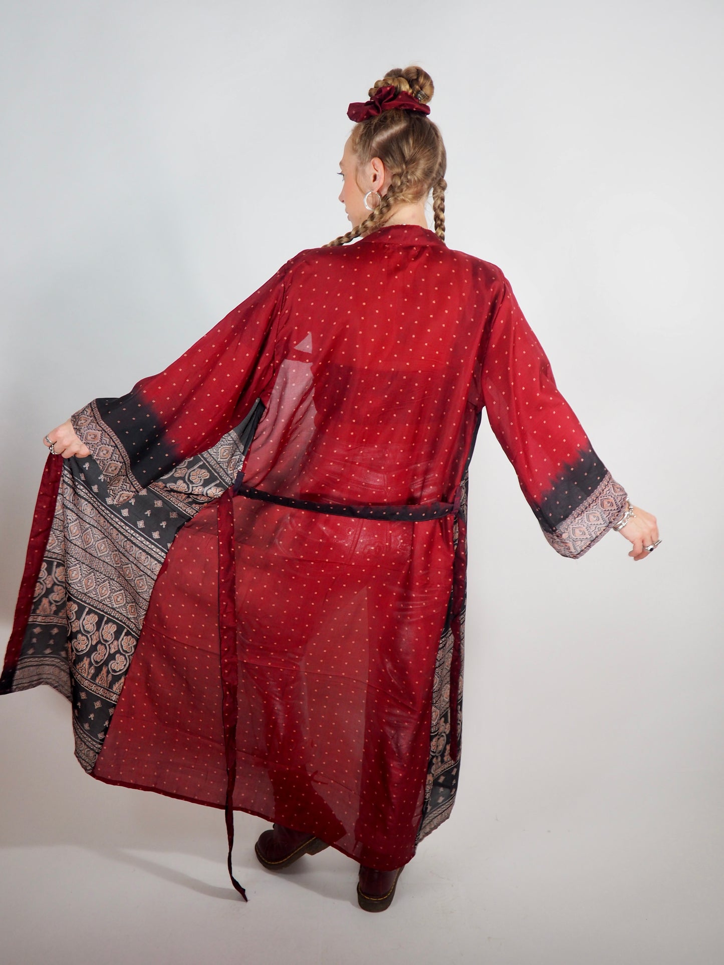 The Kardash Long Kimono – Up-cycled Vintage Sari long Kimono Robe with Waist Tie + Matching Scrunchy & Storage Bag