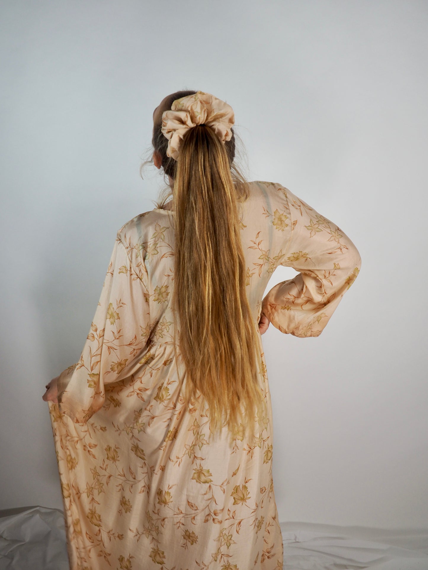 The Vadella Up-cycled Vintage Re-cycled Sari Maxi Dress – Sustainable Boho Dress with Tie Neck Detail + Matching Scrunchy & Bag