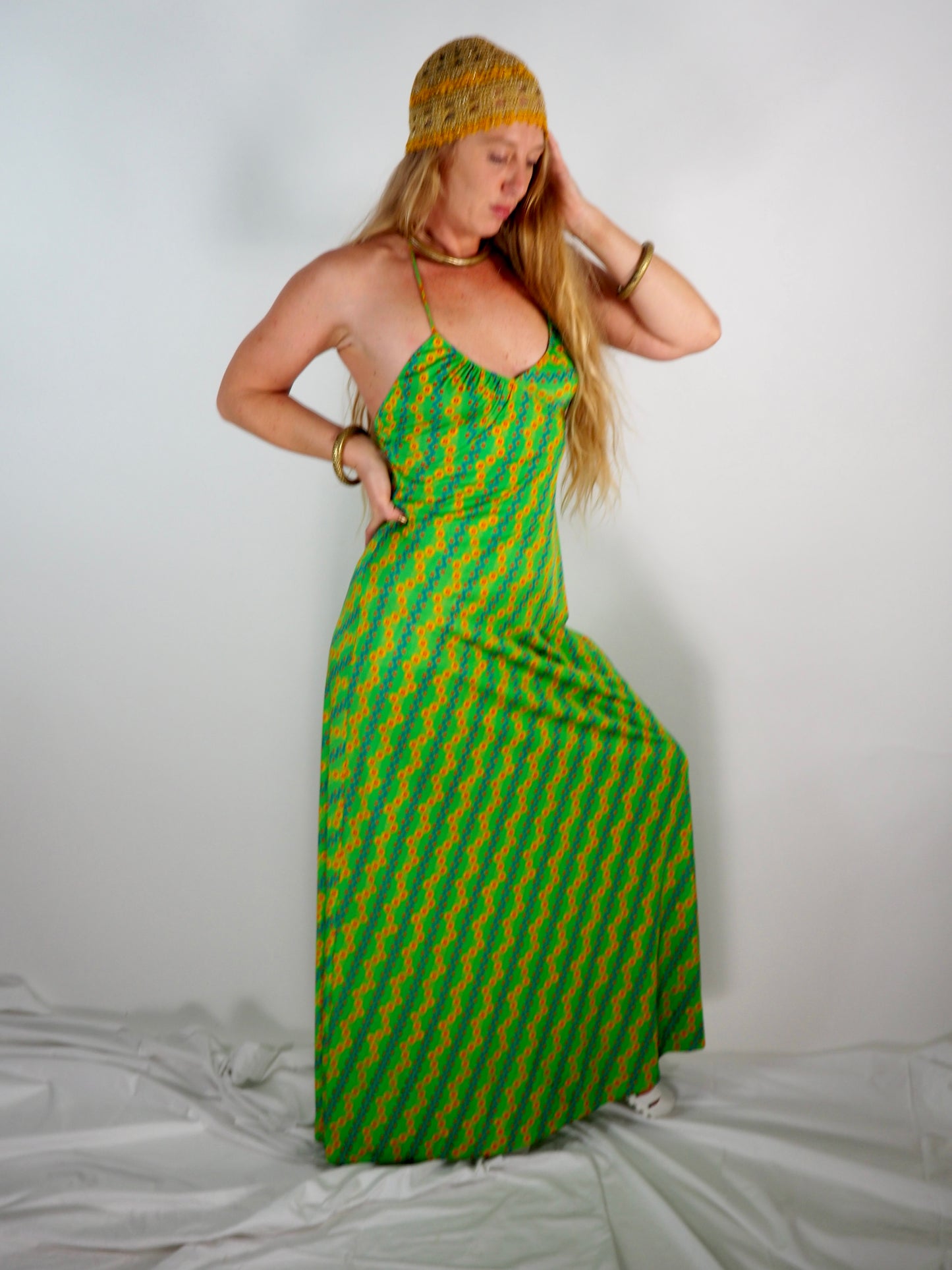 1970s Vintage Maxi Dress - Psychedelic Green Print