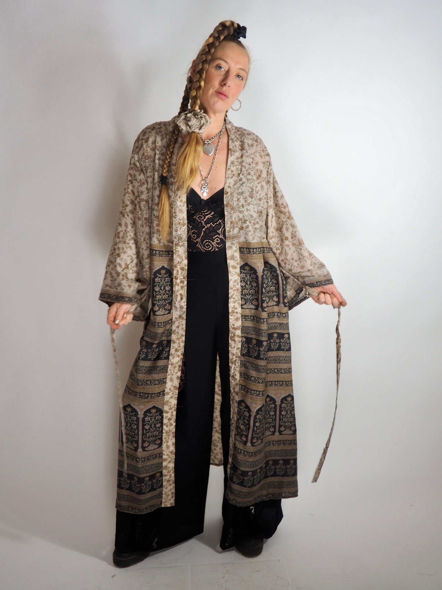 The Kardash Long Kimono – Up-cycled Vintage Sari long Kimono Robe with Waist Tie + Matching Scrunchy & Storage Bag