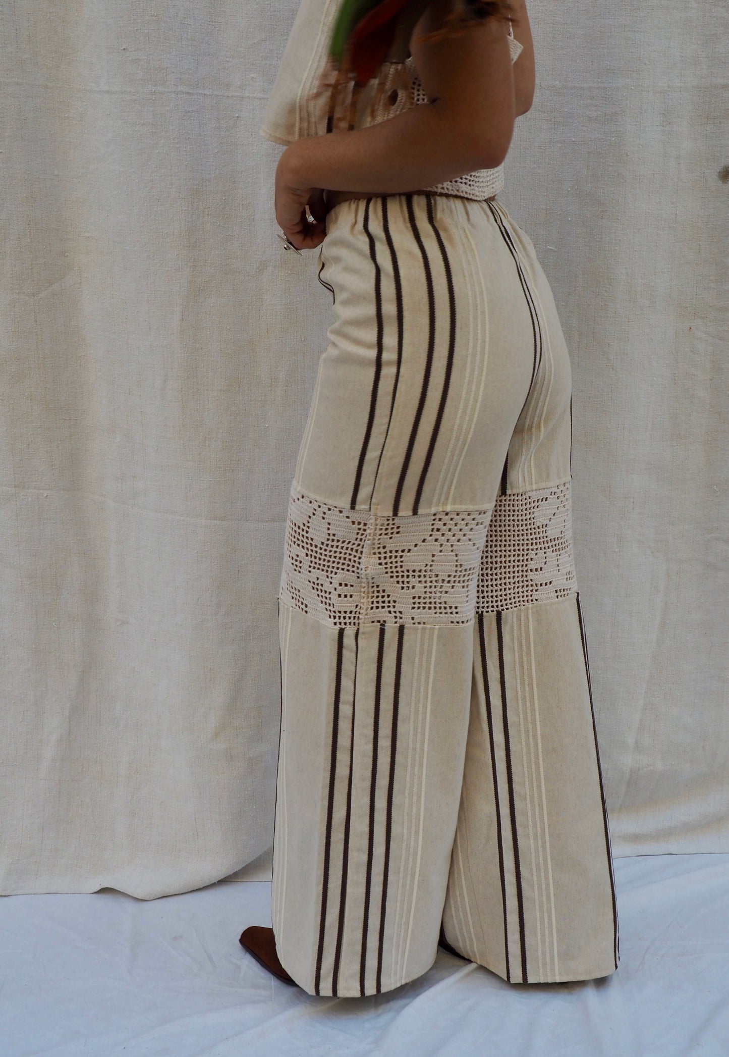 Up-cycled Vintage Linen & Crochet Patchwork Pants – Handmade by Vagabond Ibiza