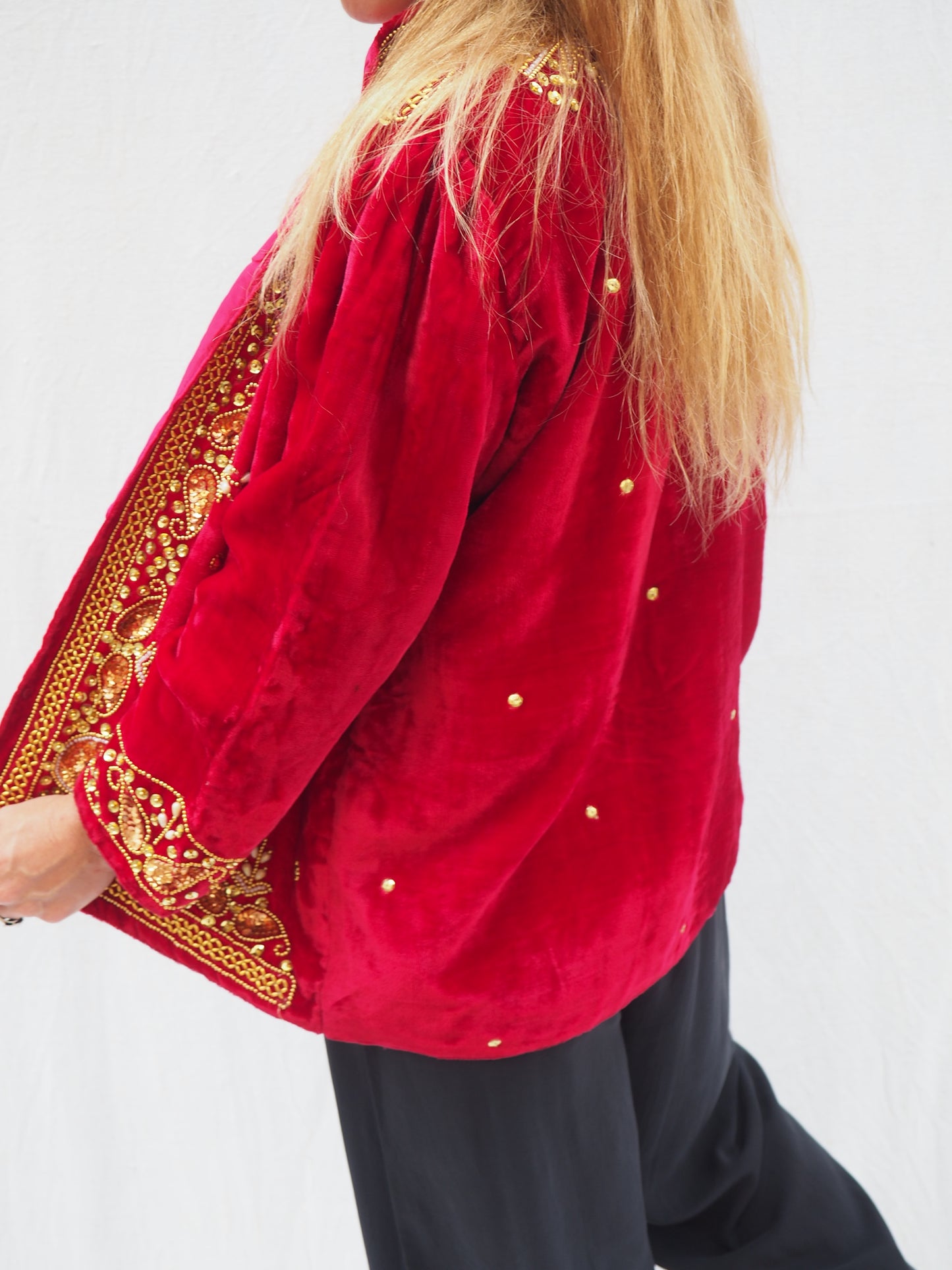 Vintage 1980s Red Velvet Jacket with Gold Sequin and Beaded Detailing