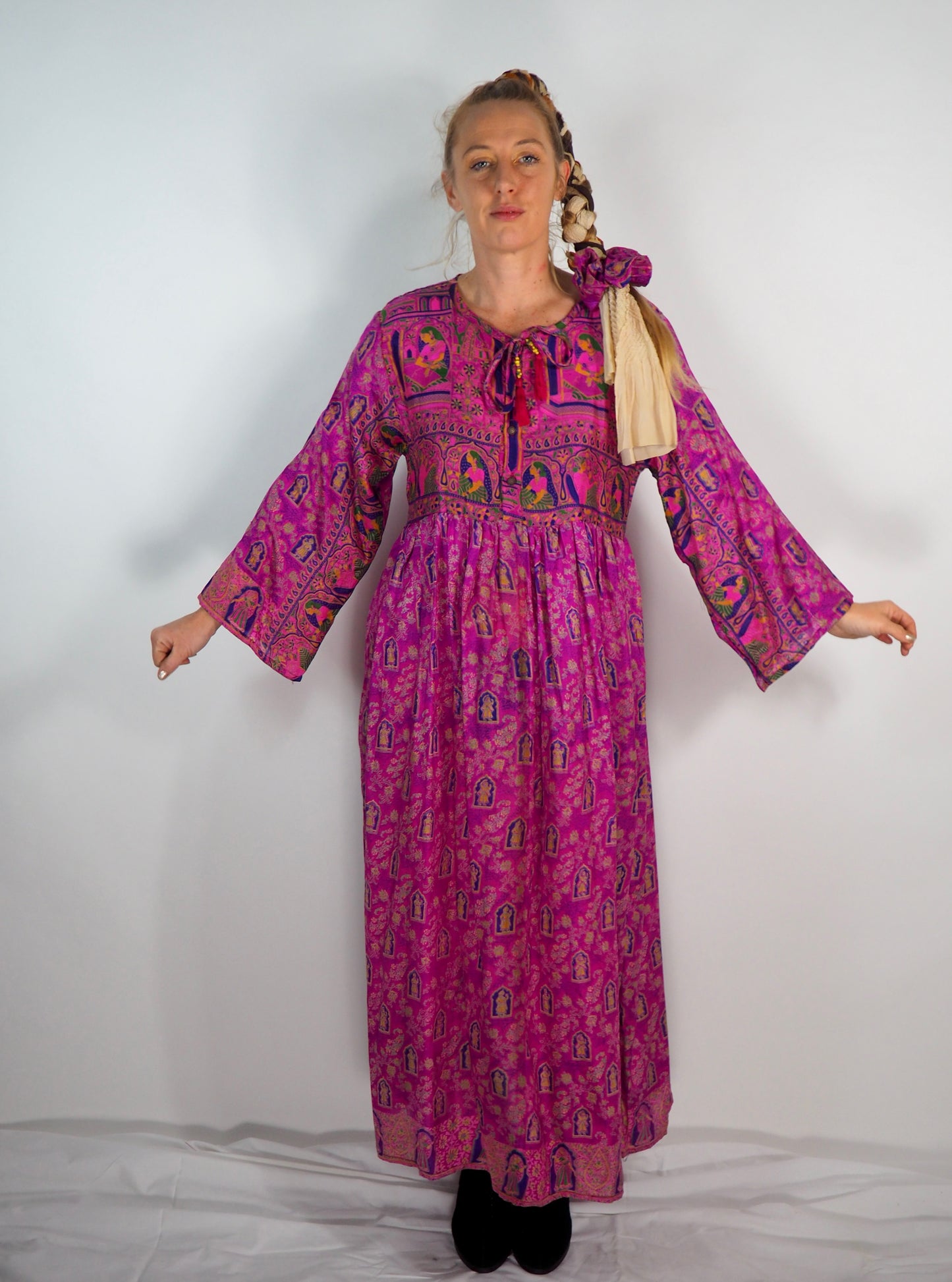 The Vadella Up-cycled Vintage Re-cycled Sari Maxi Dress – Sustainable Boho Dress with Tie Neck Detail + Matching Scrunchy & Bag