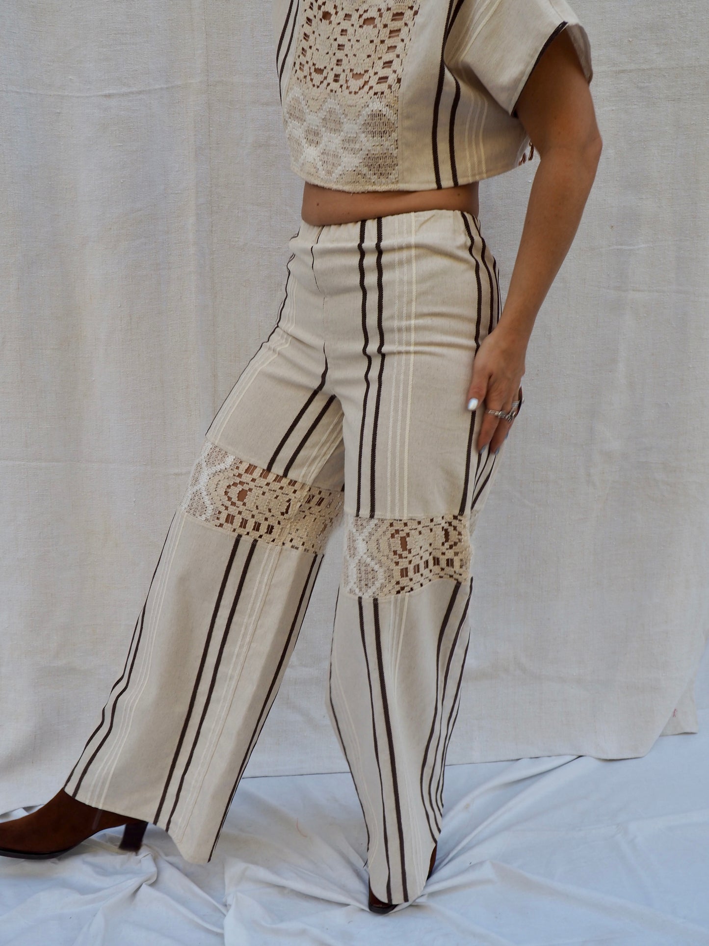 Up-cycled Vintage Linen & Crochet Patchwork Pants – Handmade by Vagabond Ibiza