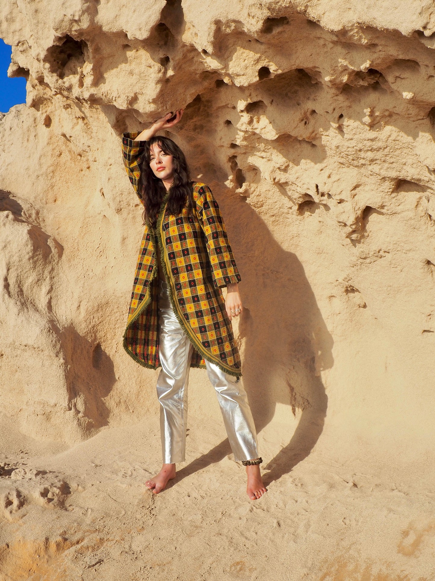 Long Full Jacket in Mustard Yellow, Black, and Red - Upcycled Vintage Textiles Made by Vagabond Ibiza