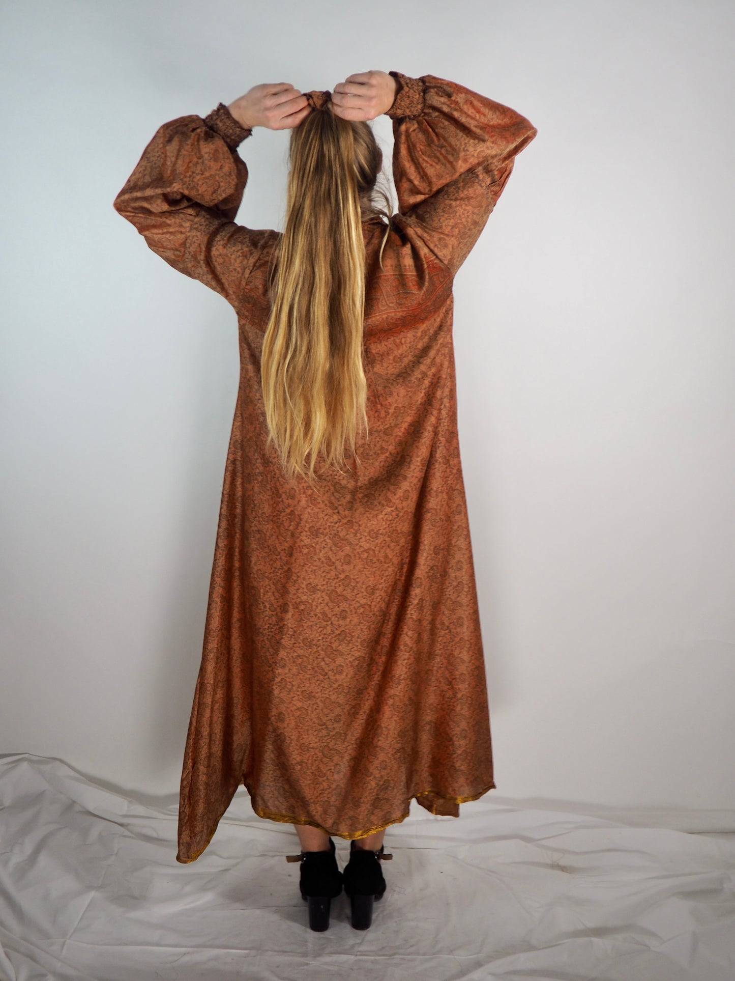 The Lenya Up-cycled Vintage Sari Dress – Sustainable Boho Dress with Oversized Sleeves Matching Scrunchy & Storage Bag