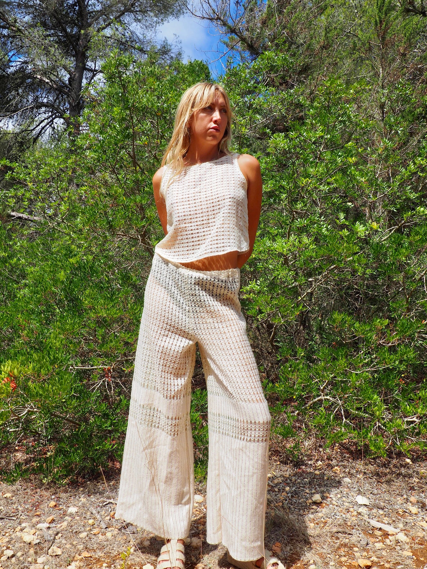 Up-cycled cream mesh woven shear crop top vest by Vagabond Ibiza