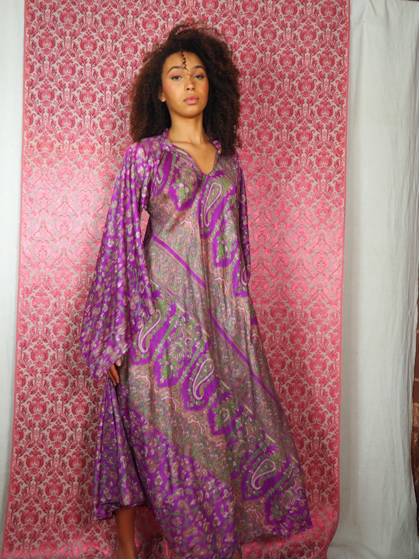 The Diamond Bias-Cut Maxi Dress – Up-cycled Vintage Sari Sustainable Dress with angel Sleeves + Matching Scrunchy & Bag