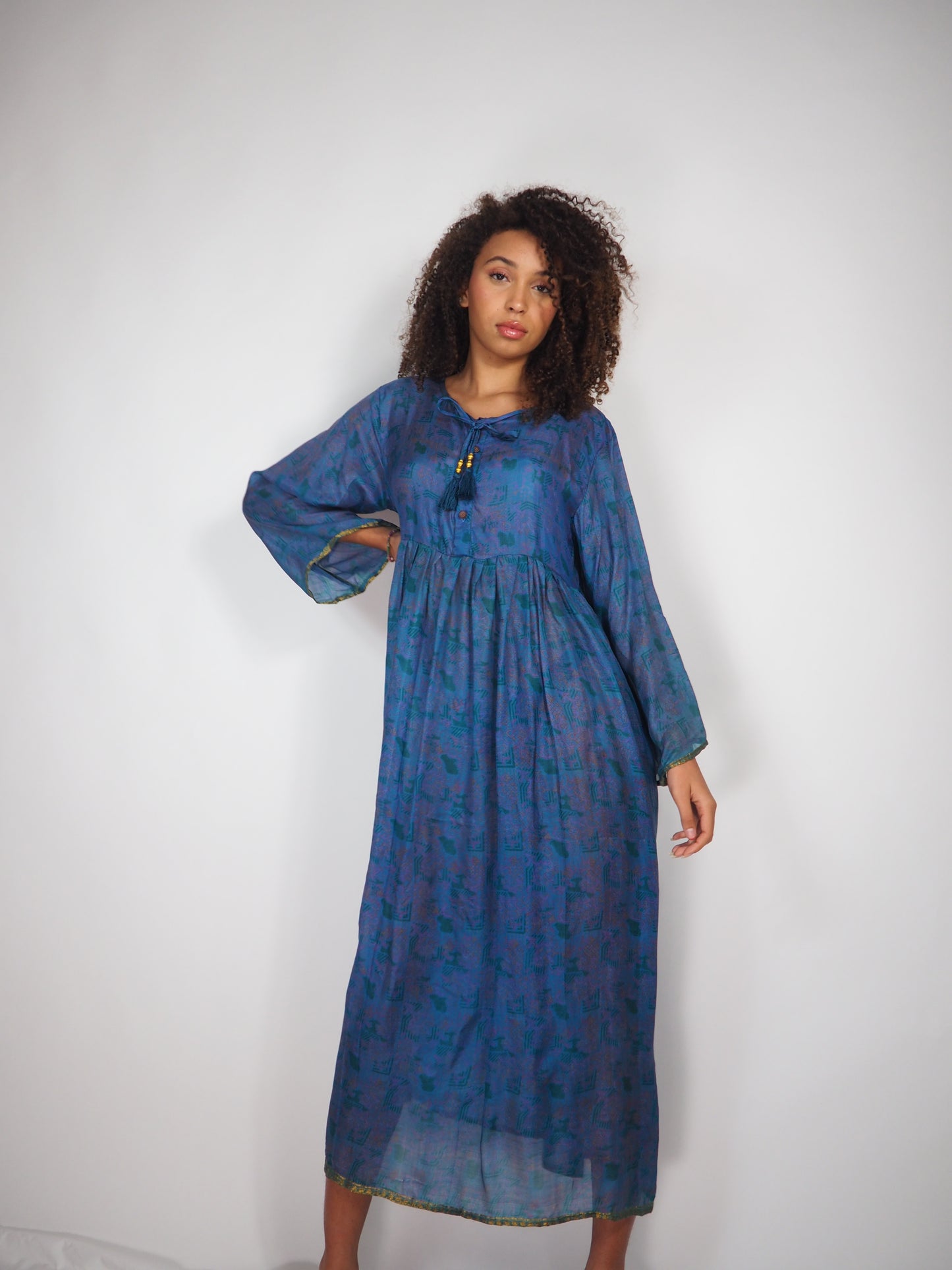 The Vadella Up-cycled Vintage Re-cycled Sari Maxi Dress – Sustainable Boho Dress with Tie Neck Detail + Matching Scrunchy & Bag