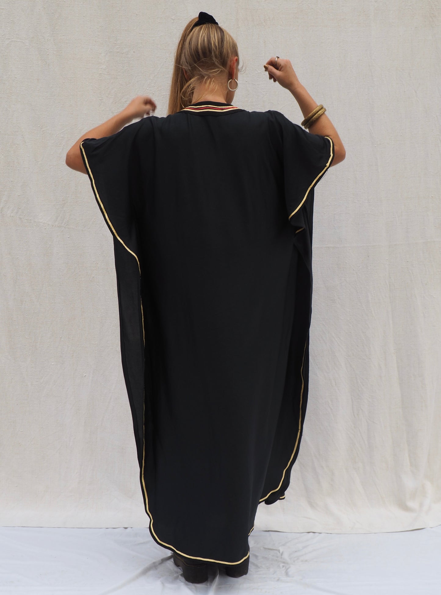 Vintage Black Polyester Kaftan with Gold Detail