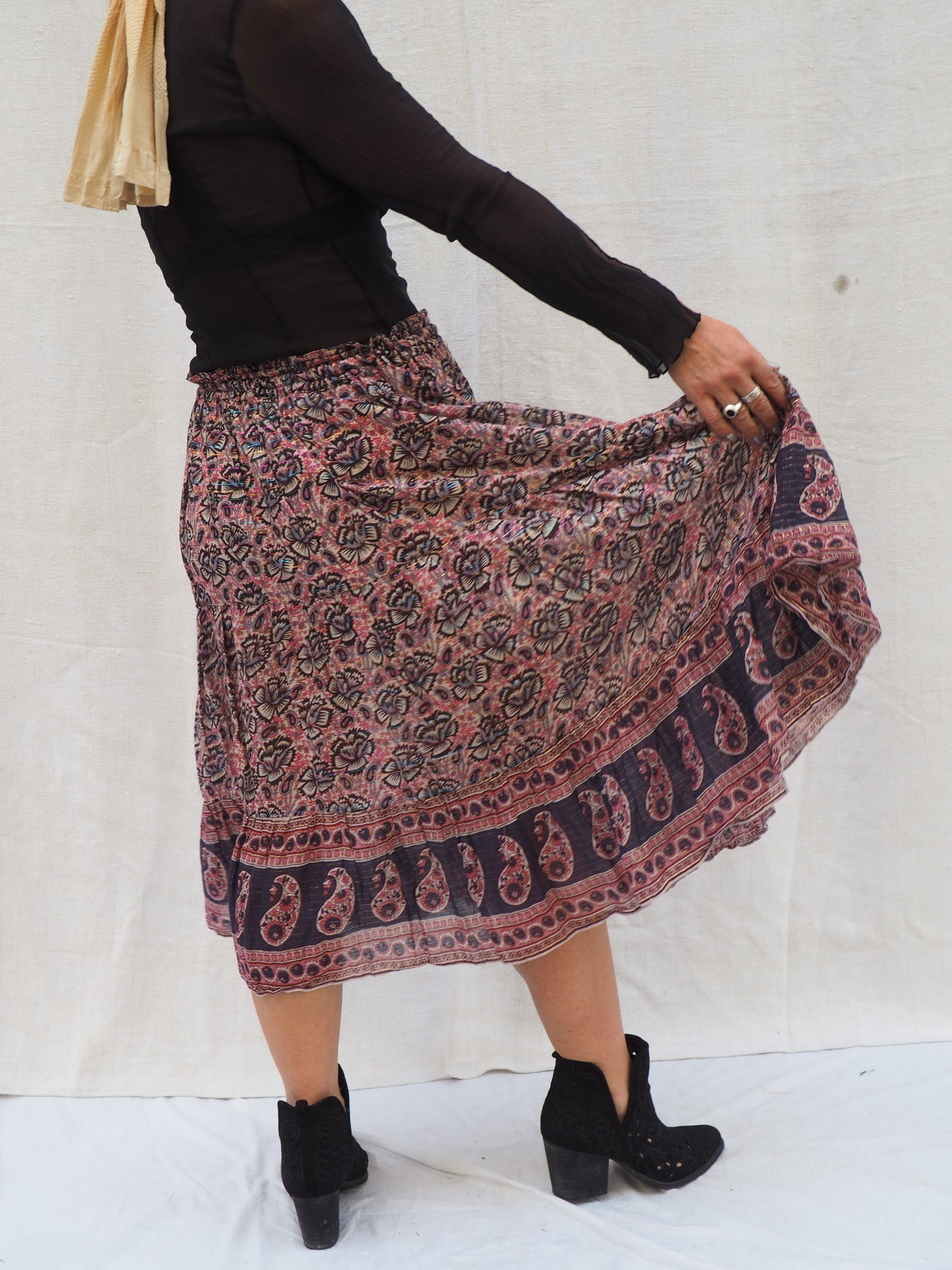 Vintage 1970s Indian Block Printed Cotton Gauze Skirt – Super Fine Cotton, Adjustable Free Size with Drawstring Bells