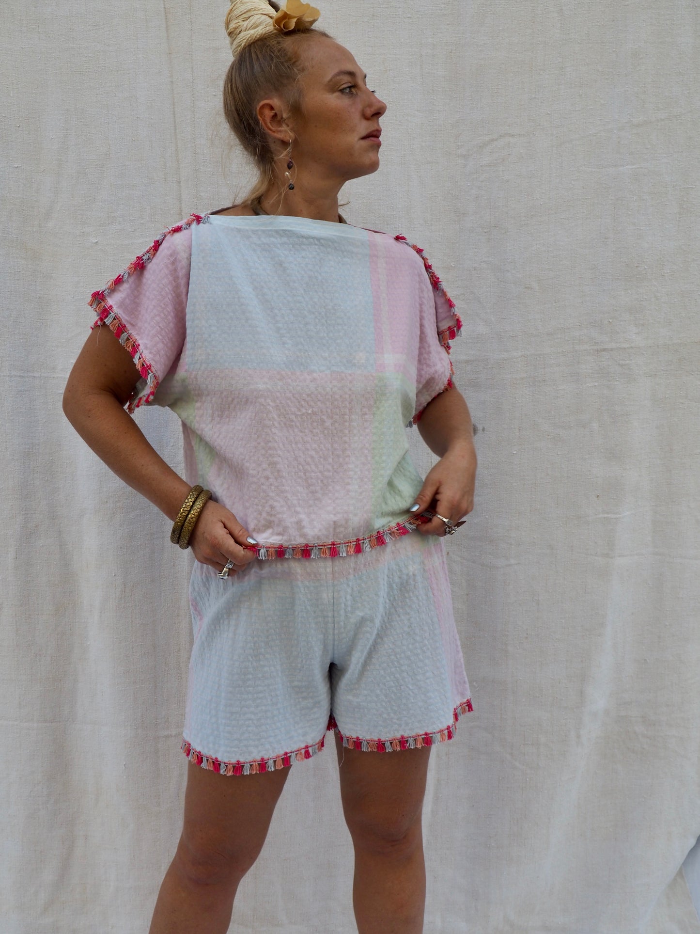 Up-cycled Vintage Cotton Two-Piece Set with Pom-Pom Trim – Handmade by Vagabond Ibiza