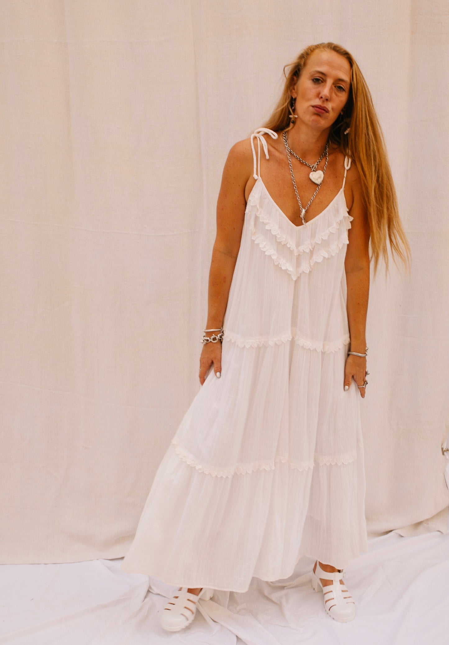 Vintage White Maxi Dress with Ruffle Detail – Made by Vagabond Ibiza