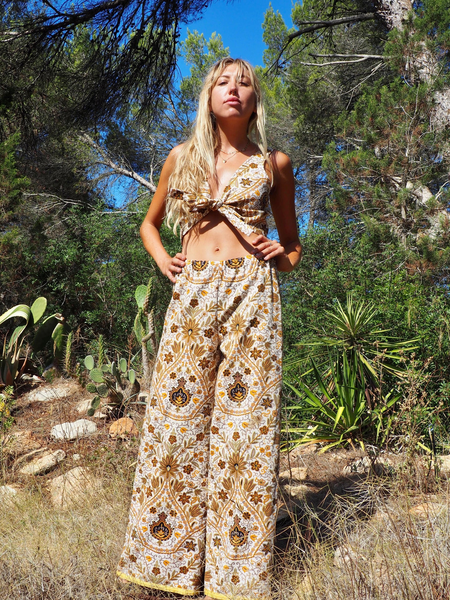 Up-cycled heavy cotton tie crop top fully reversable made by Vagabond Ibiza is fr