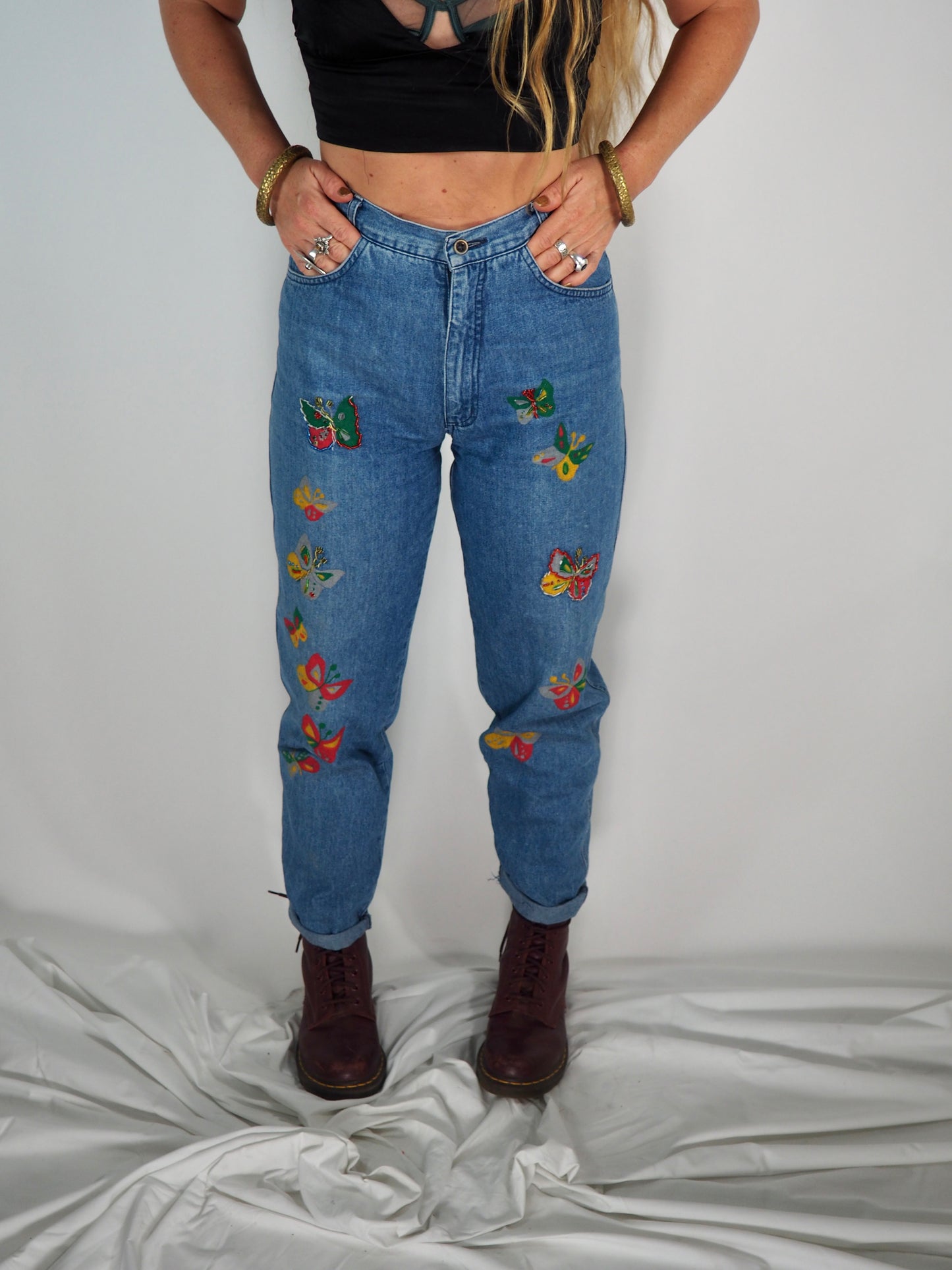 Vintage 1980s Hand-Painted and Beaded Denim Jeans