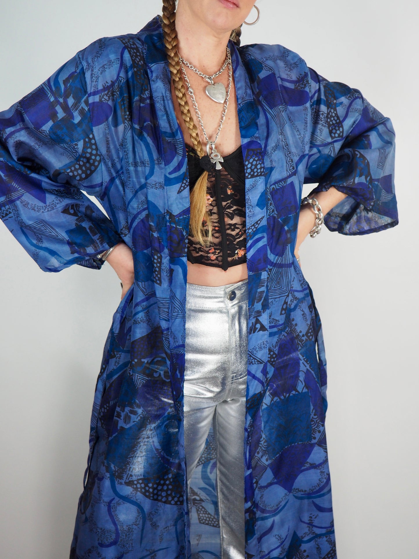 The Kardash Long Kimono – Up-cycled Vintage Sari long Kimono Robe with Waist Tie + Matching Scrunchy & Storage Bag