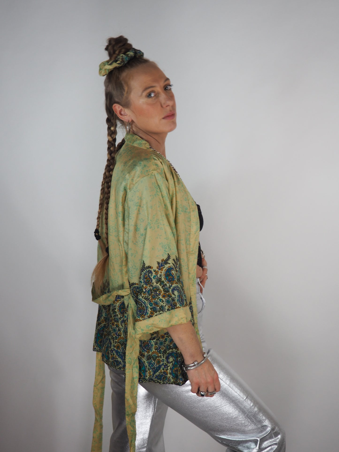 The Kardash Short Kimono – Vintage Re-cycled Sari Kimono Jacket with Waist Tie + Matching Scrunchy & Storage Bag