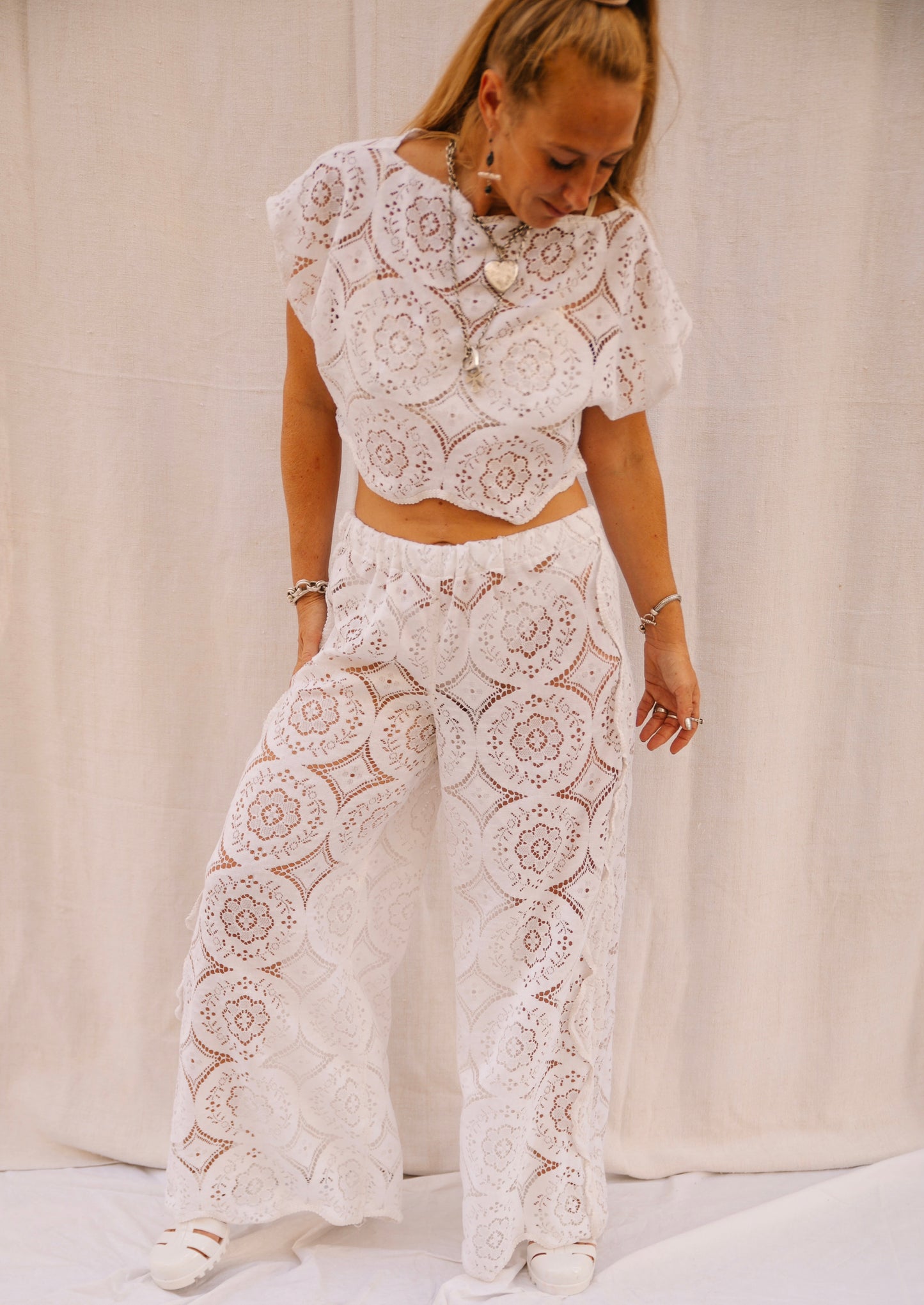 Up-cycled Vintage white Lace Trousers with Side Detailing – Handmade by Vagabond Ibiza