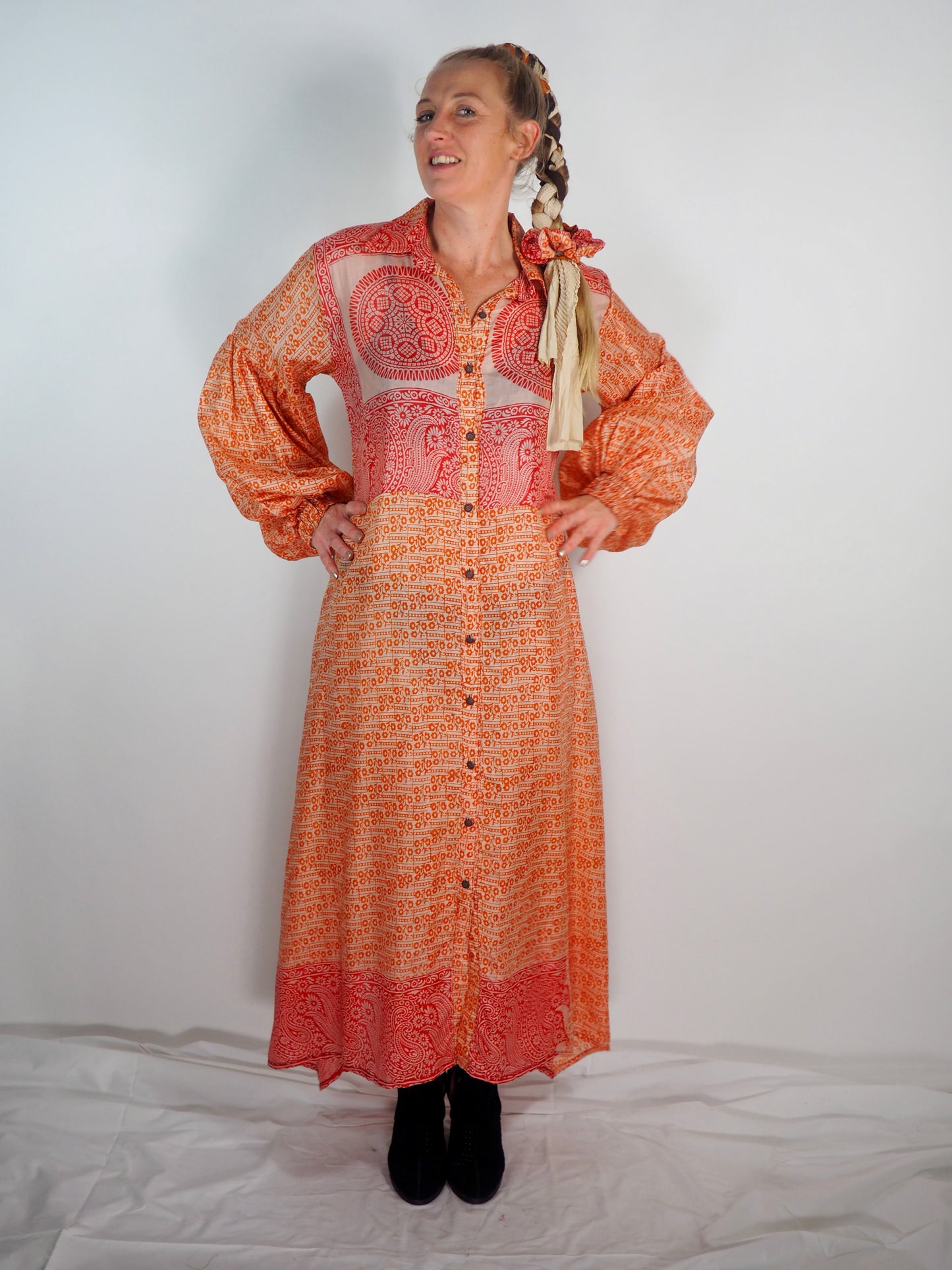 The Lenya Up-cycled Vintage Sari Dress – Sustainable Boho Dress with Oversized Sleeves Matching Scrunchy & Storage Bag