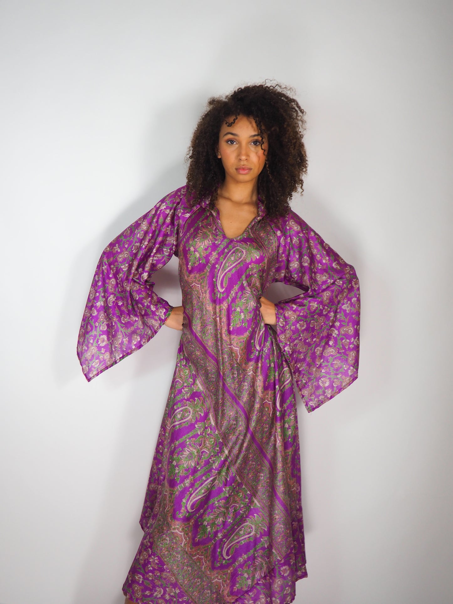 The Diamond Bias-Cut Maxi Dress – Up-cycled Vintage Sari Sustainable Dress with angel Sleeves + Matching Scrunchy & Bag