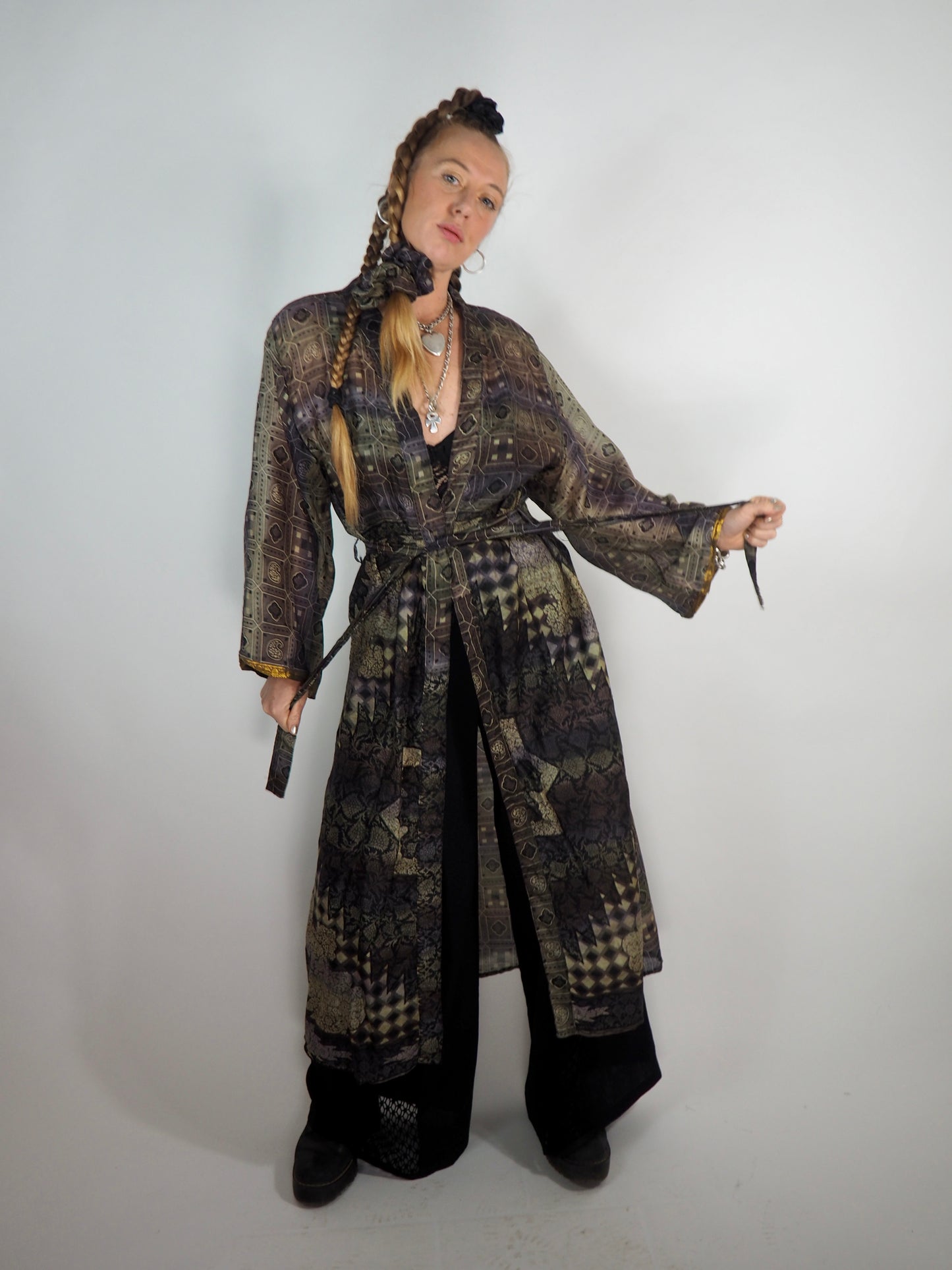 The Kardash Long Kimono – Up-cycled Vintage Sari long Kimono Robe with Waist Tie + Matching Scrunchy & Storage Bag