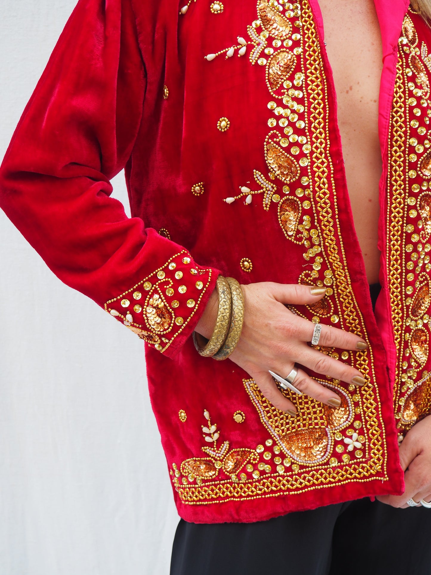 Vintage 1980s Red Velvet Jacket with Gold Sequin and Beaded Detailing